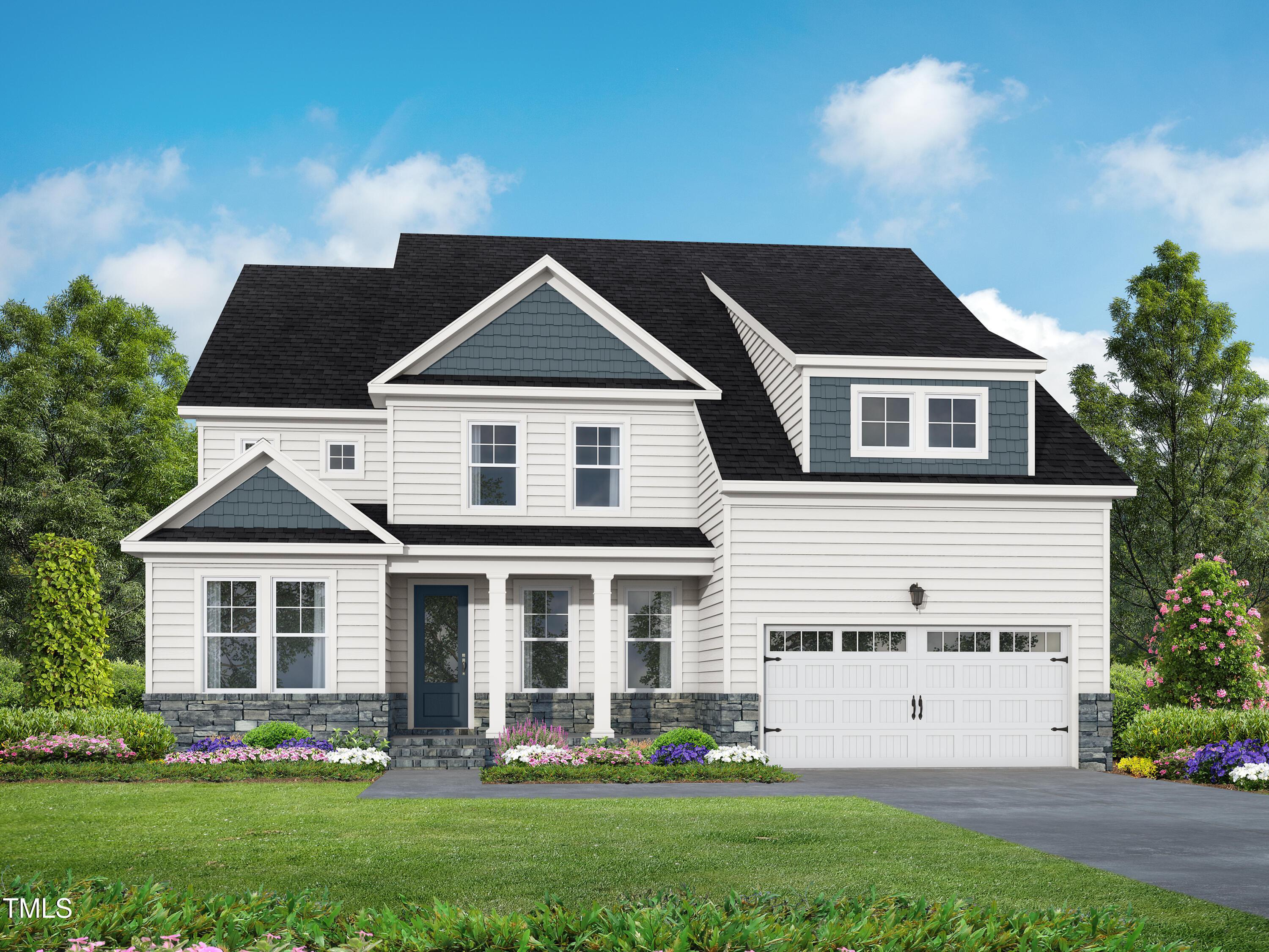 Modern 2-story Crawford B home with white siding, blue accents, 3-car garage, covered porch, and lush landscaping in Raleigh, NC