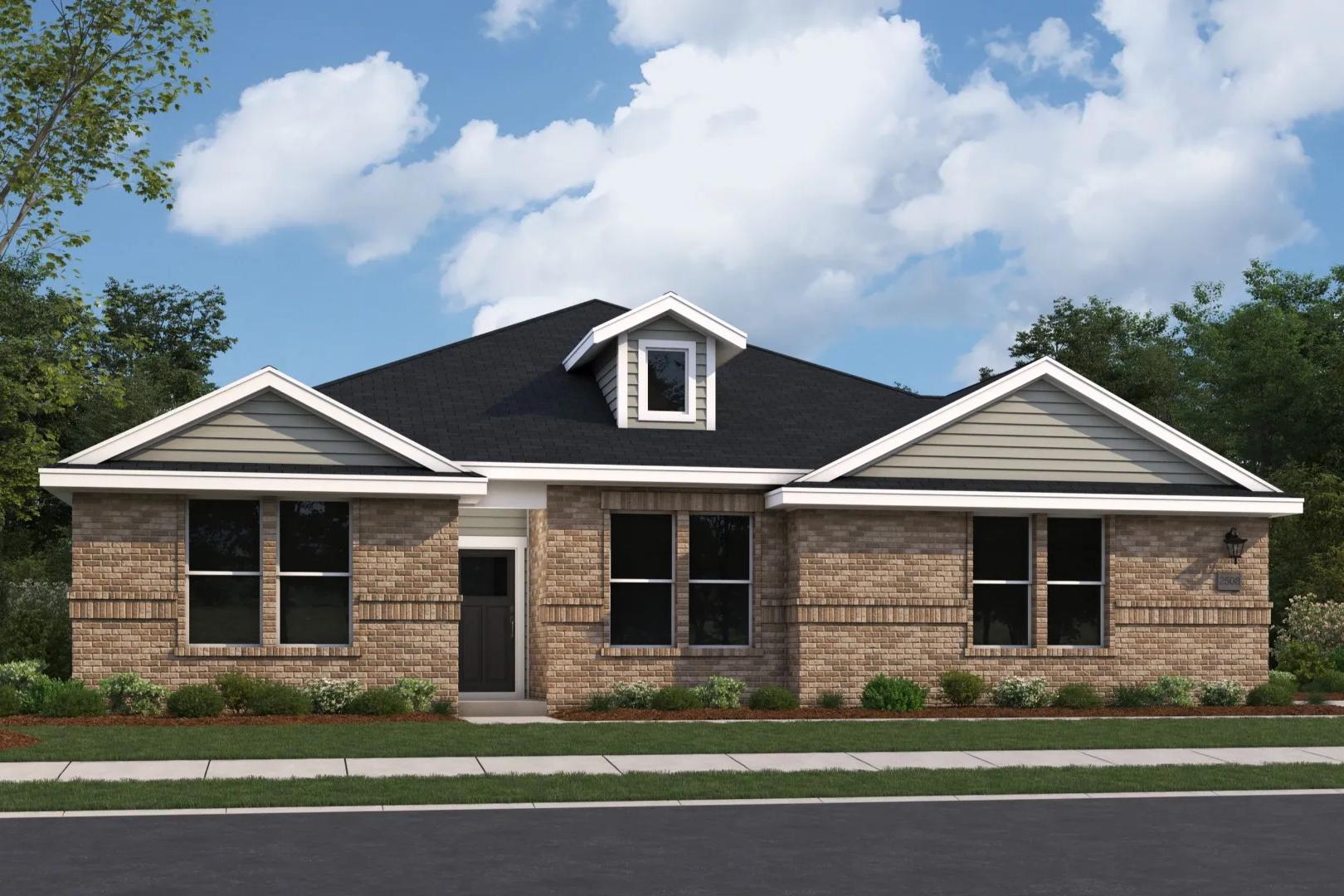 Front elevation of The Arcadia single-story home featuring brick facade, gabled roof, 3-car garage, and lush landscaping