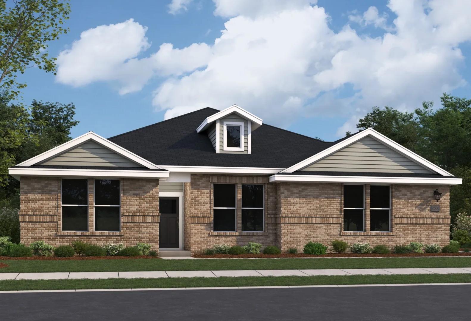 Front elevation of The Arcadia single-story home featuring brick facade, gabled roof, 3-car garage, and lush landscaping