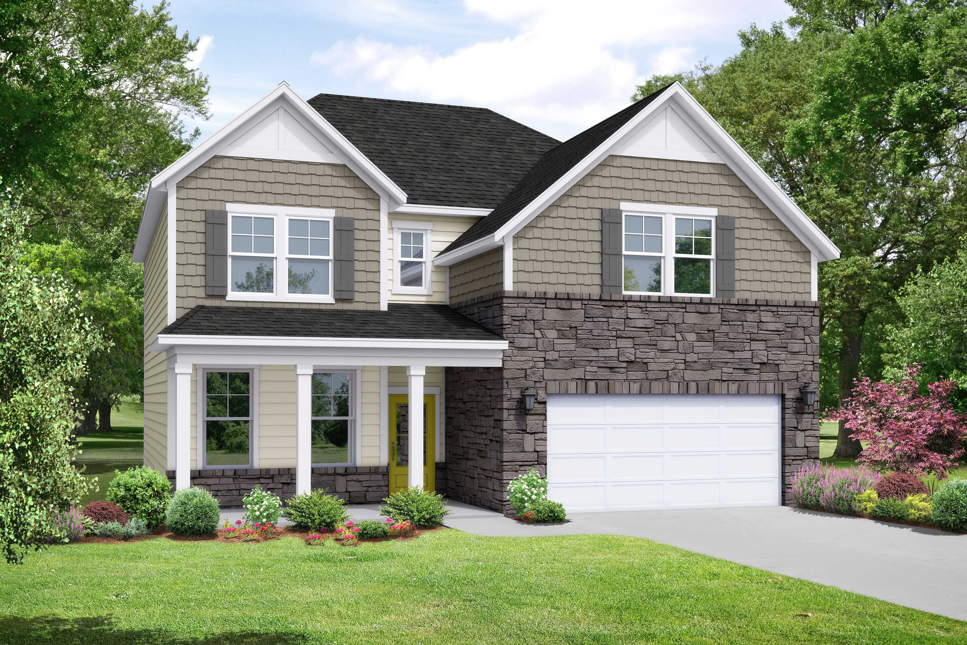 Two-story The Willow home elevation with stone accents, shake gables, covered porch, yellow door, and two-car garage in lush yard