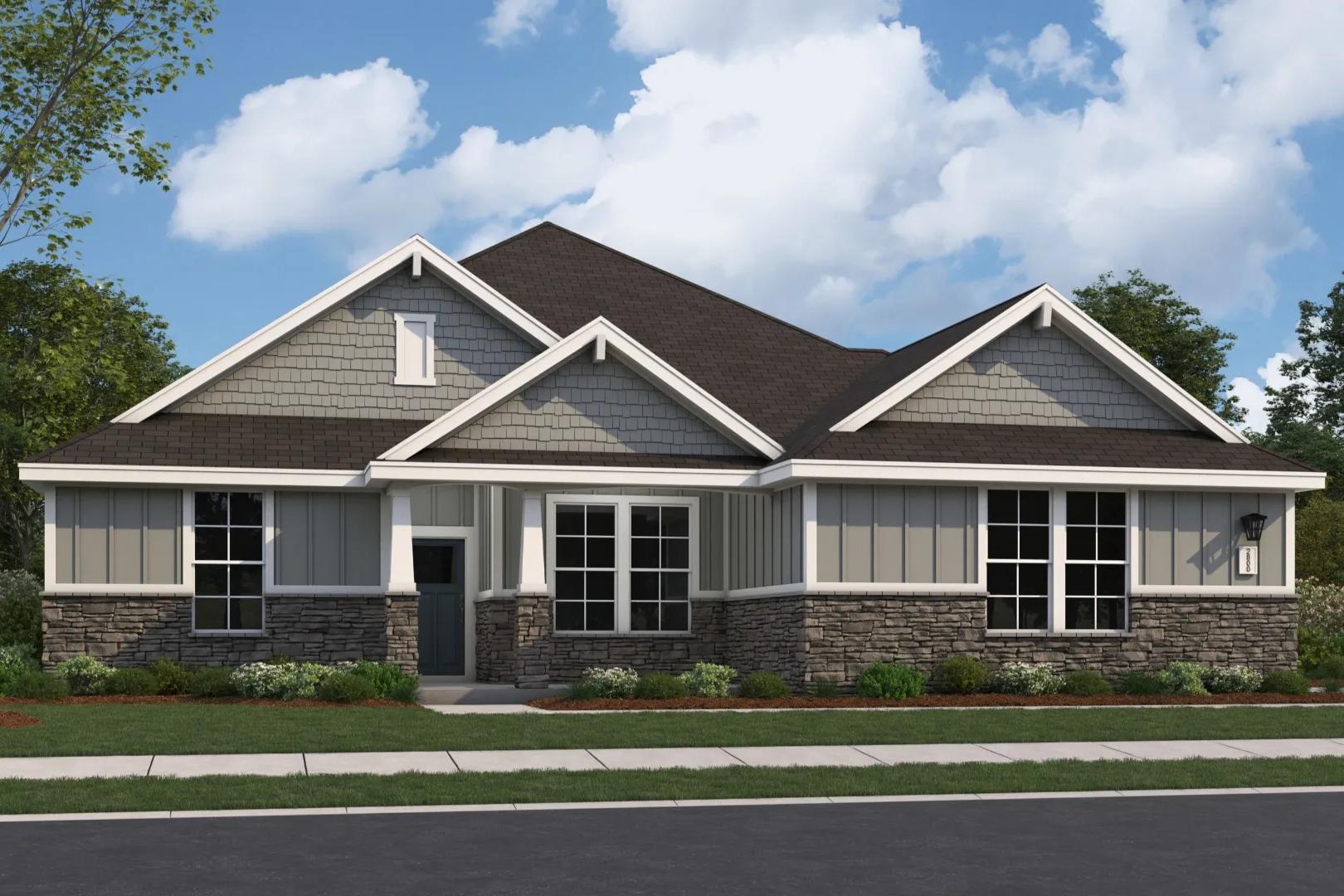 The Arcadia M single-story home elevation with gray siding, stone accents, gabled roof, and 3-car garage by Evermore Homes