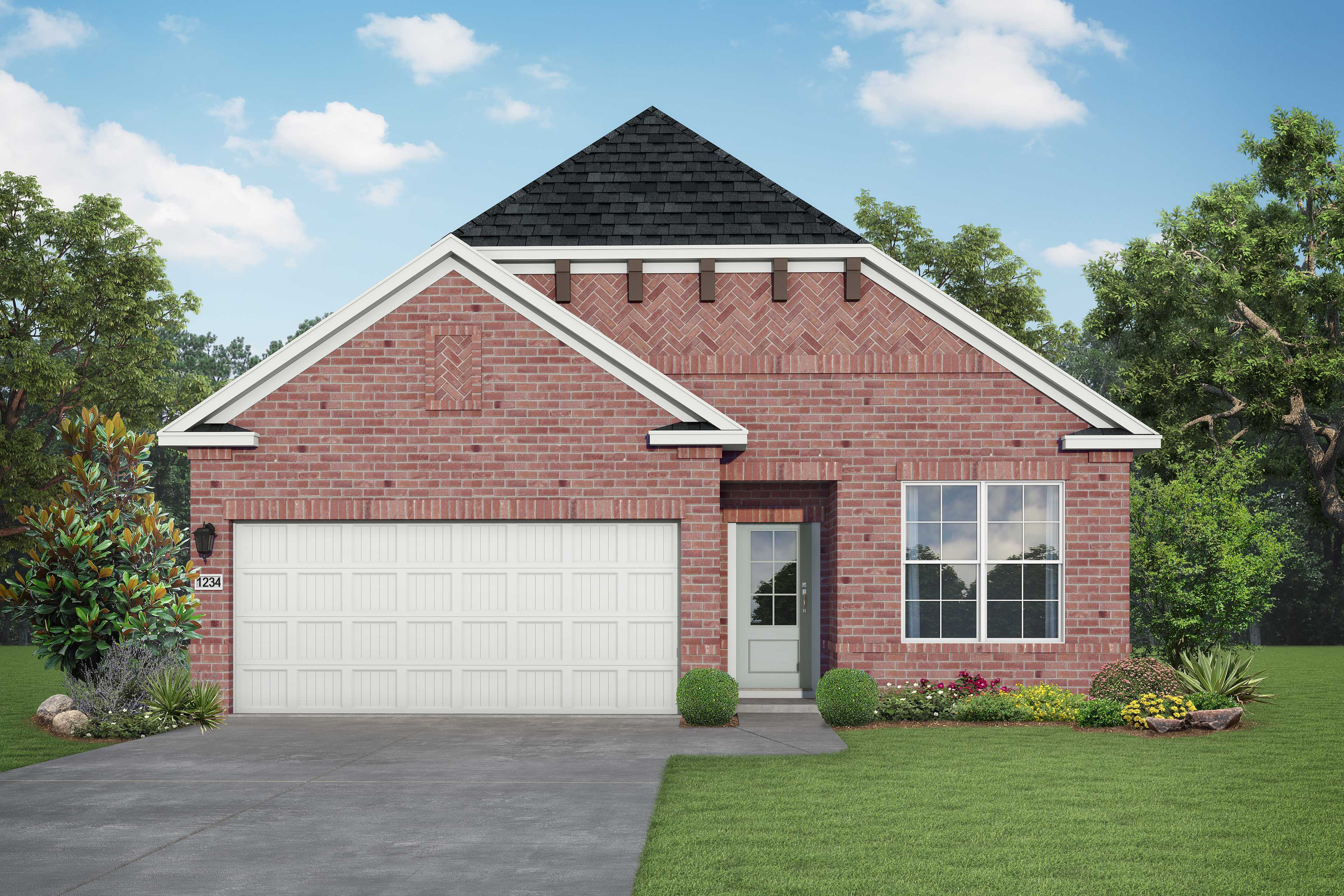 Charming brick elevation of The Luna J 1-story home featuring 2-car garage, gabled roof, and landscaped yard in Katy, Texas