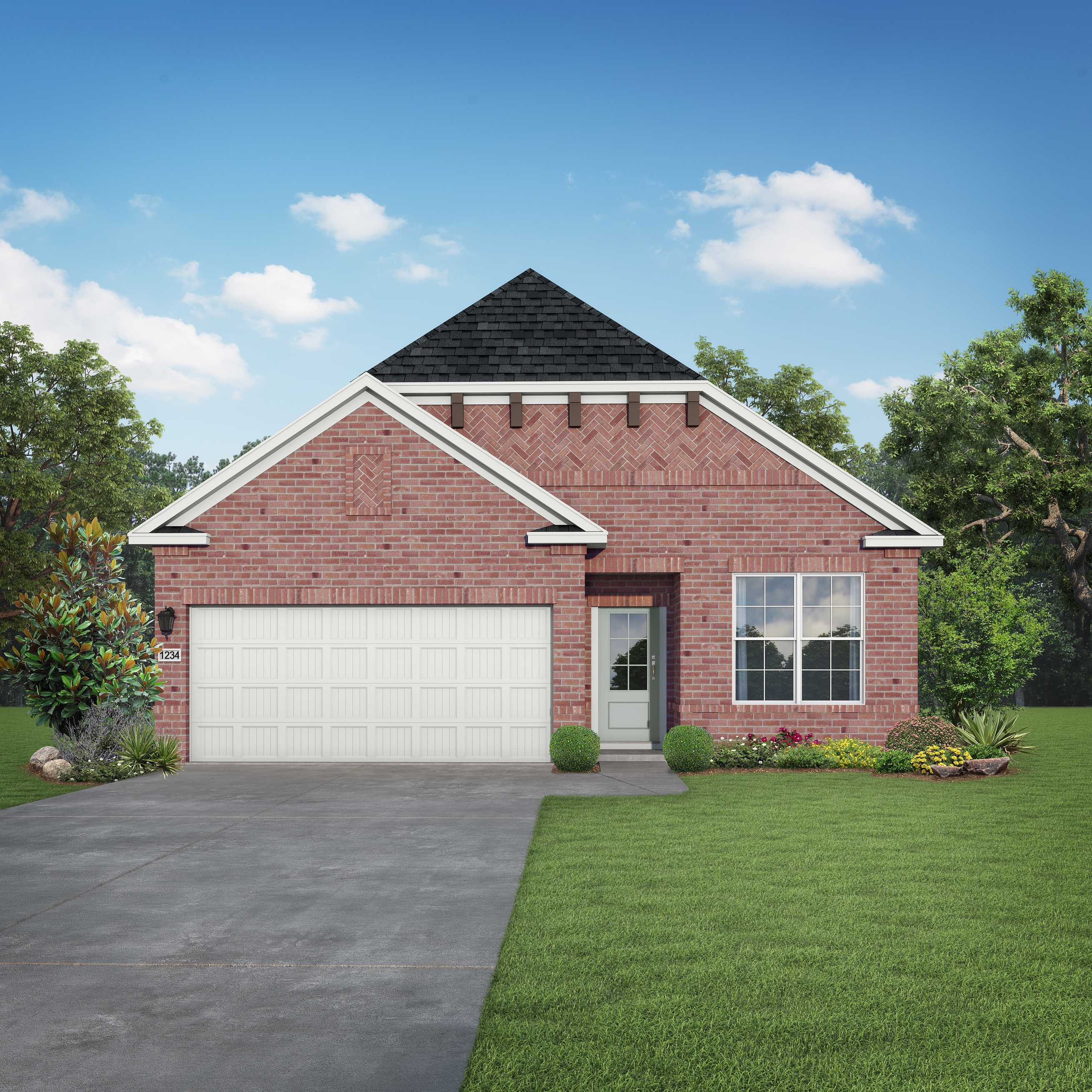 Brick 1-story home with 2-car garage, gabled roof, and landscaped yard in Sunterra, Katy, Texas by Davidson Homes