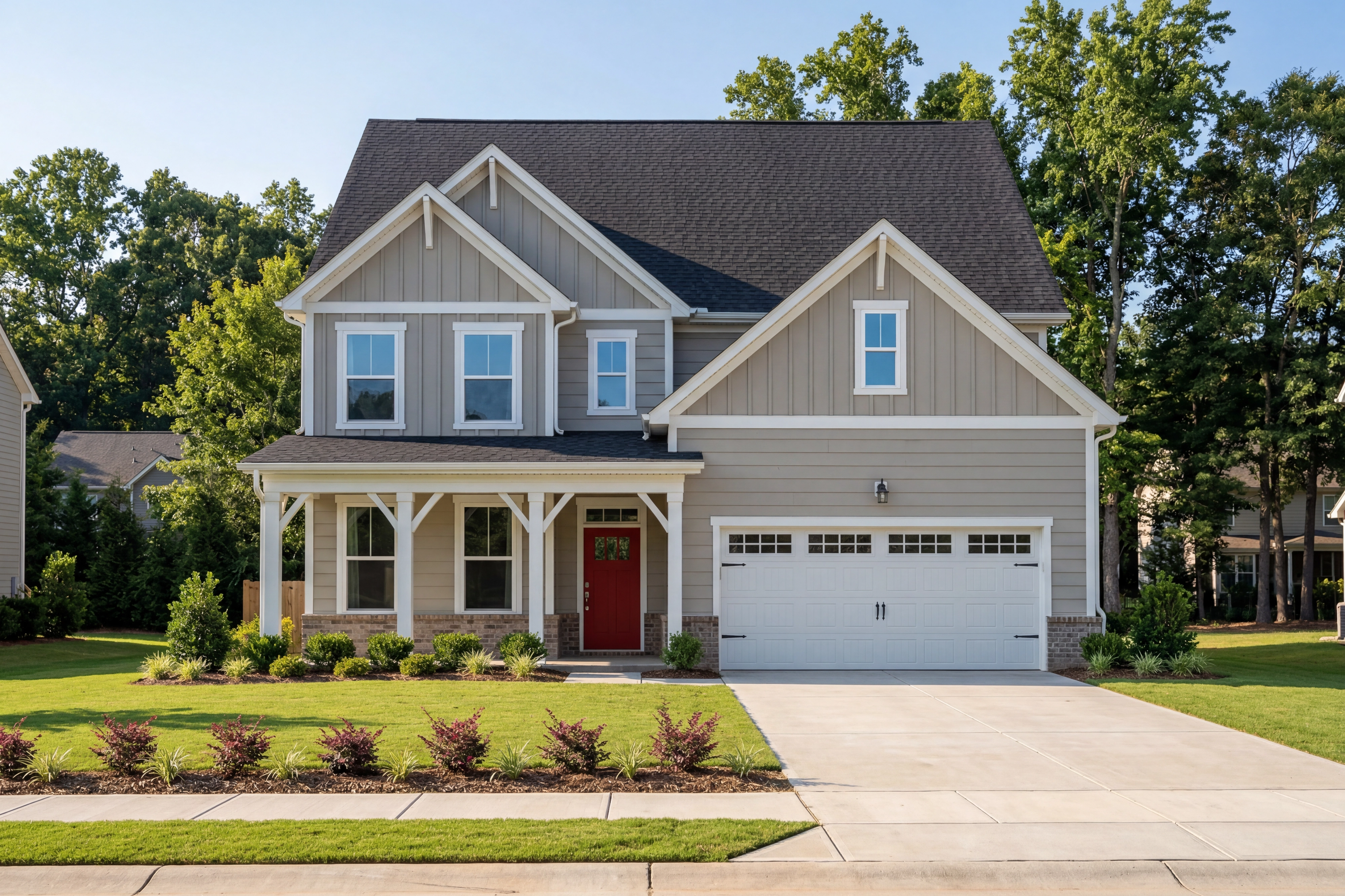 Two-story Hickory II B home by Davidson Homes in Lillington NC, featuring brick-vinyl exterior, covered porch, red door, and two-car garage