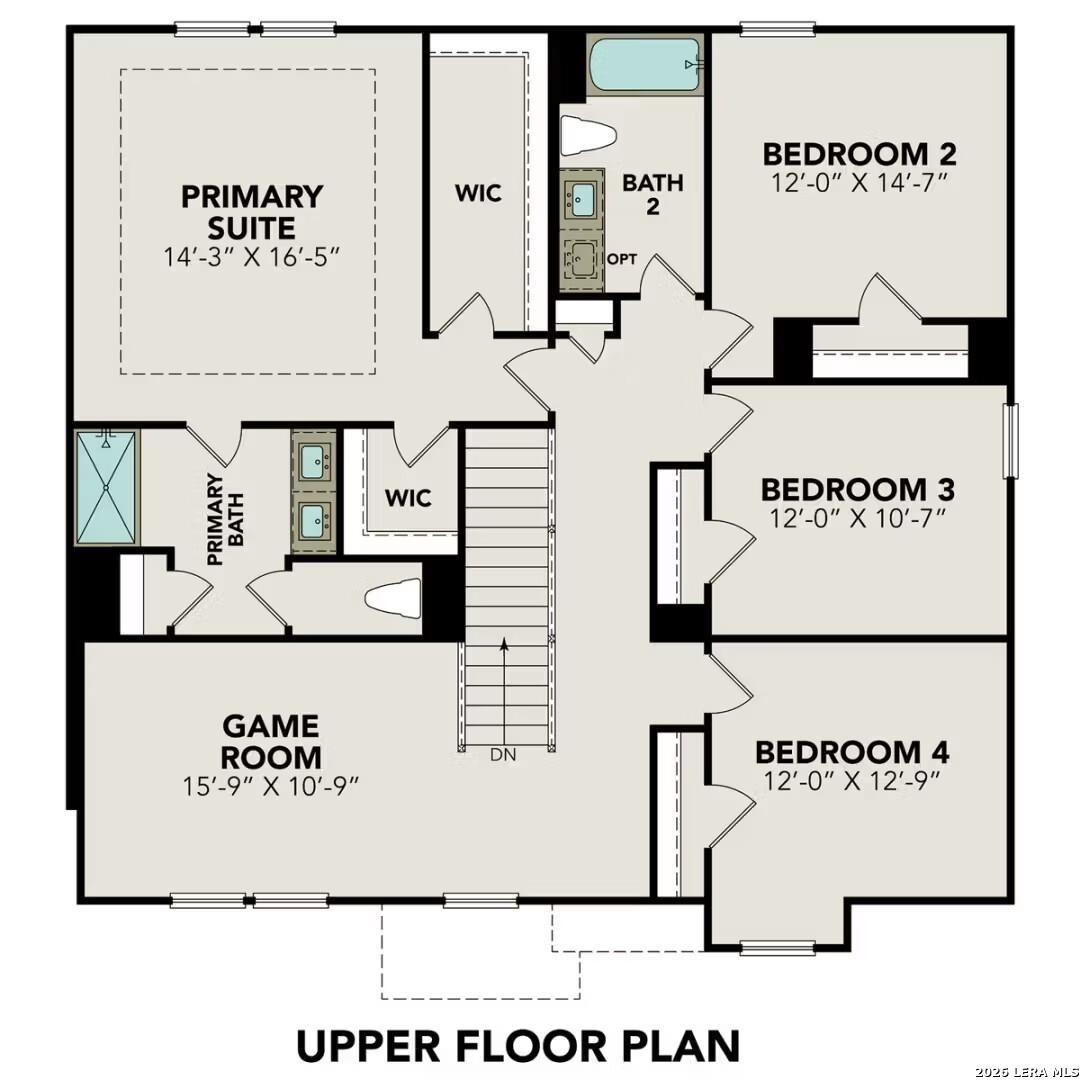 Upper floor plan of The Murray H: primary suite with bath, bedrooms 2-4, game room in 5-bed Davidson Homes, Converse, TX