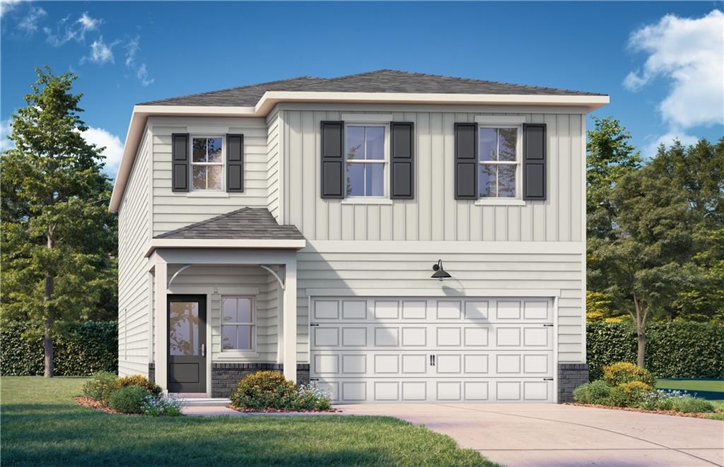 Two-story Russell A home exterior with front porch, three-car garage, and landscaped yard in Cedar Farms, Winder, Georgia