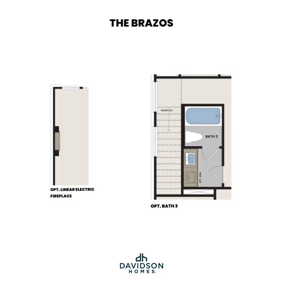 Optional linear electric fireplace and floor plan for Bath 3 in Davidson Homes The Brazos Heartland, Texas model.