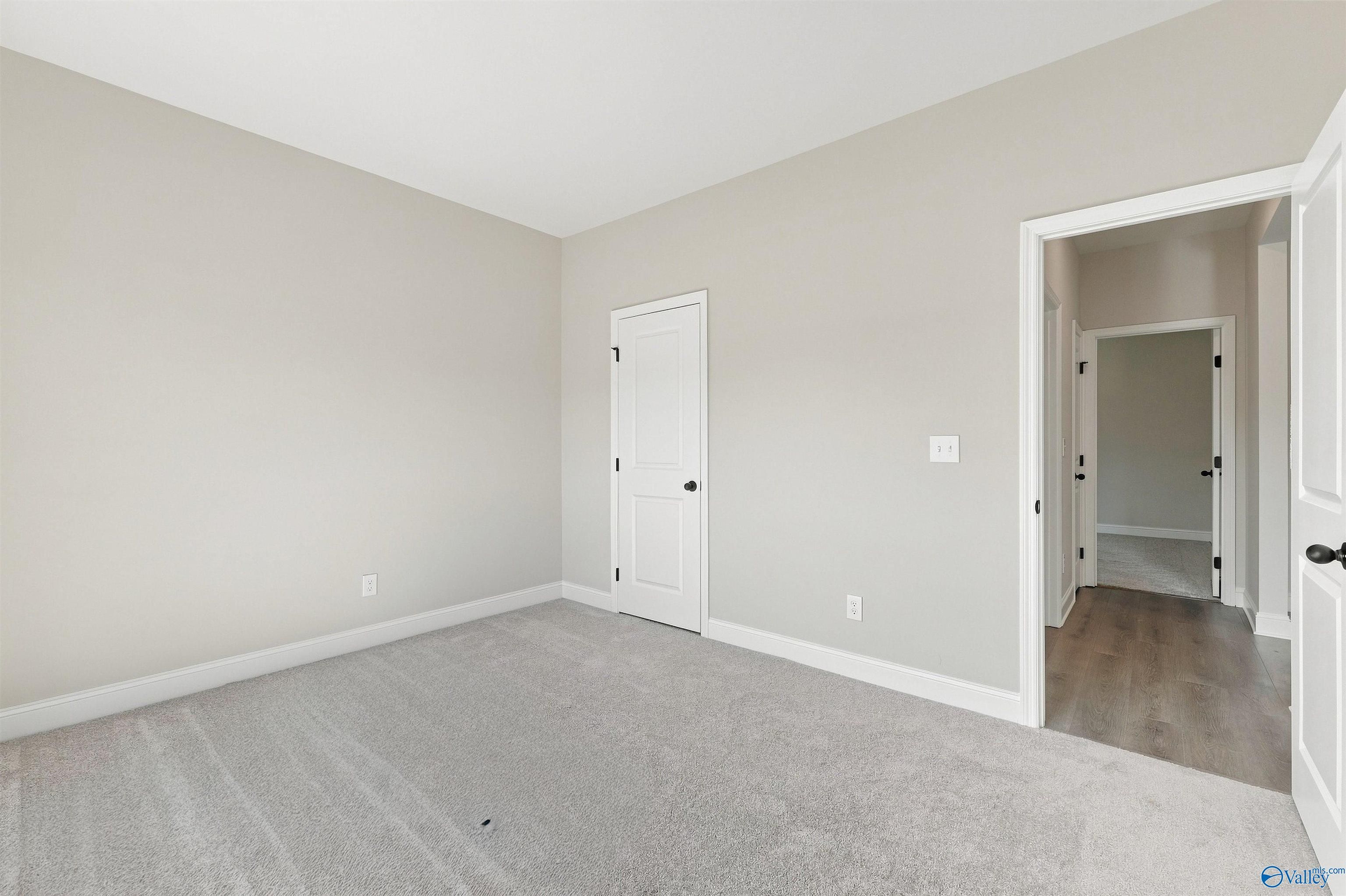 Neutral-toned secondary bedroom with plush carpeting in The Daphne floor plan by Davidson Homes in Spragins Cove, Huntsville.