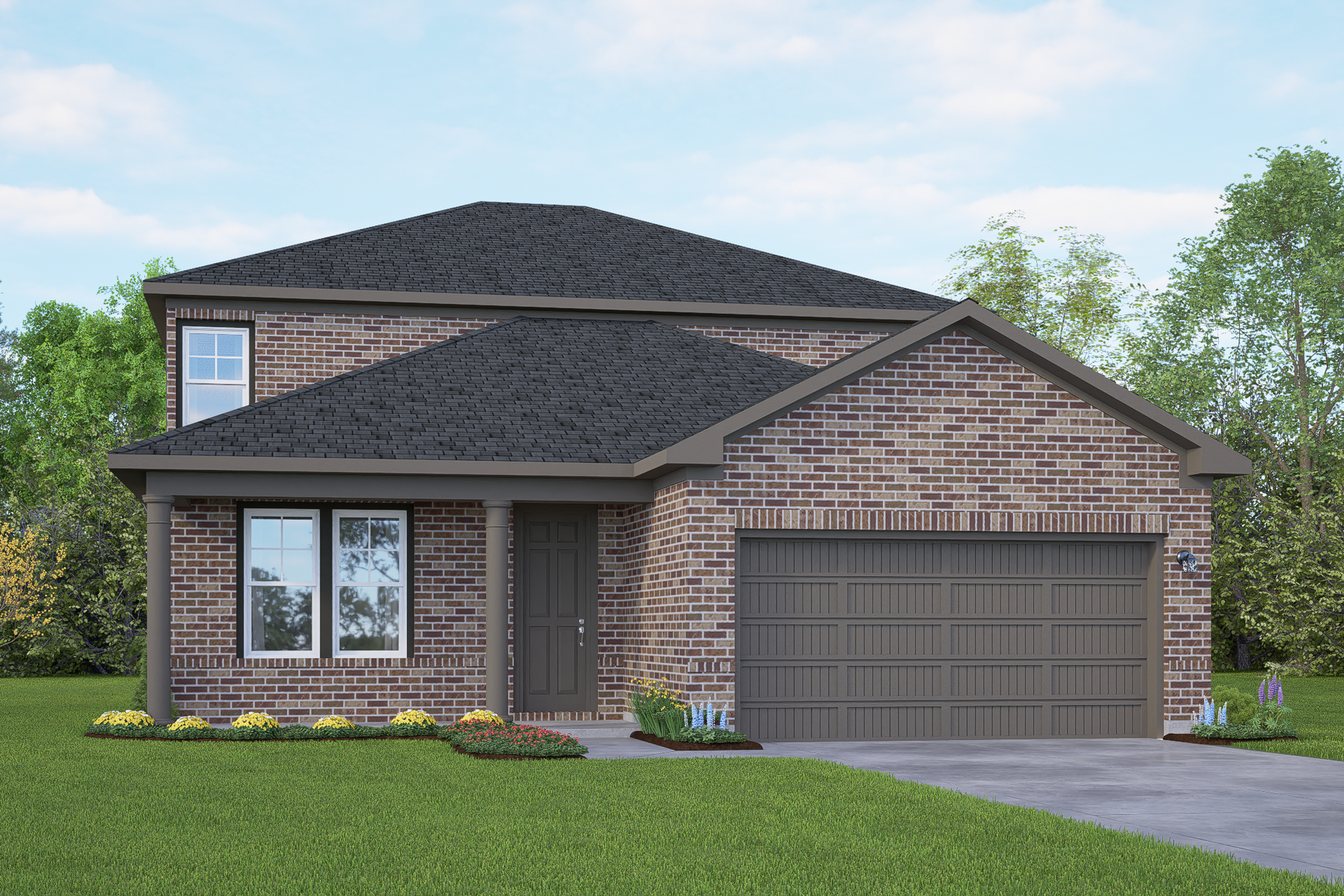 Modern two-story Douglas G home elevation with brick and siding exterior, two-car garage, and landscaped yard in San Antonio