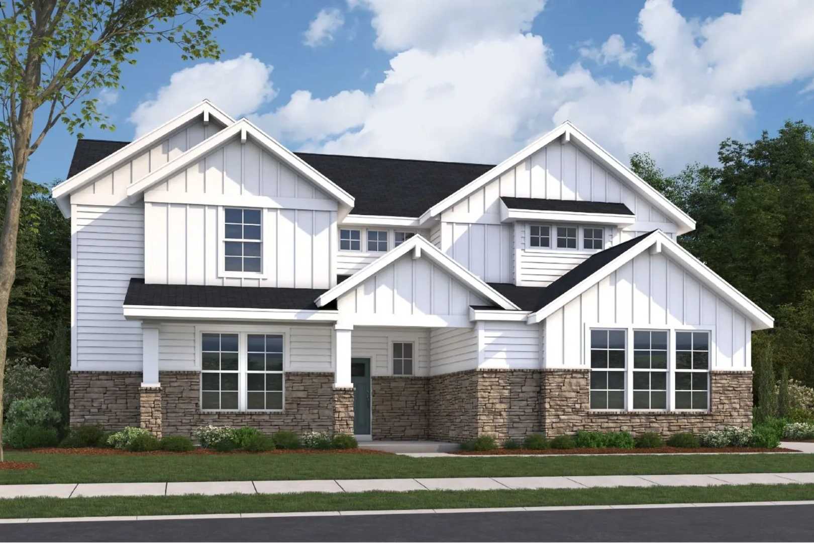 The Haven 1-story home elevation by Evermore Homes featuring white board-and-batten siding, stone accents, and 3-car garage