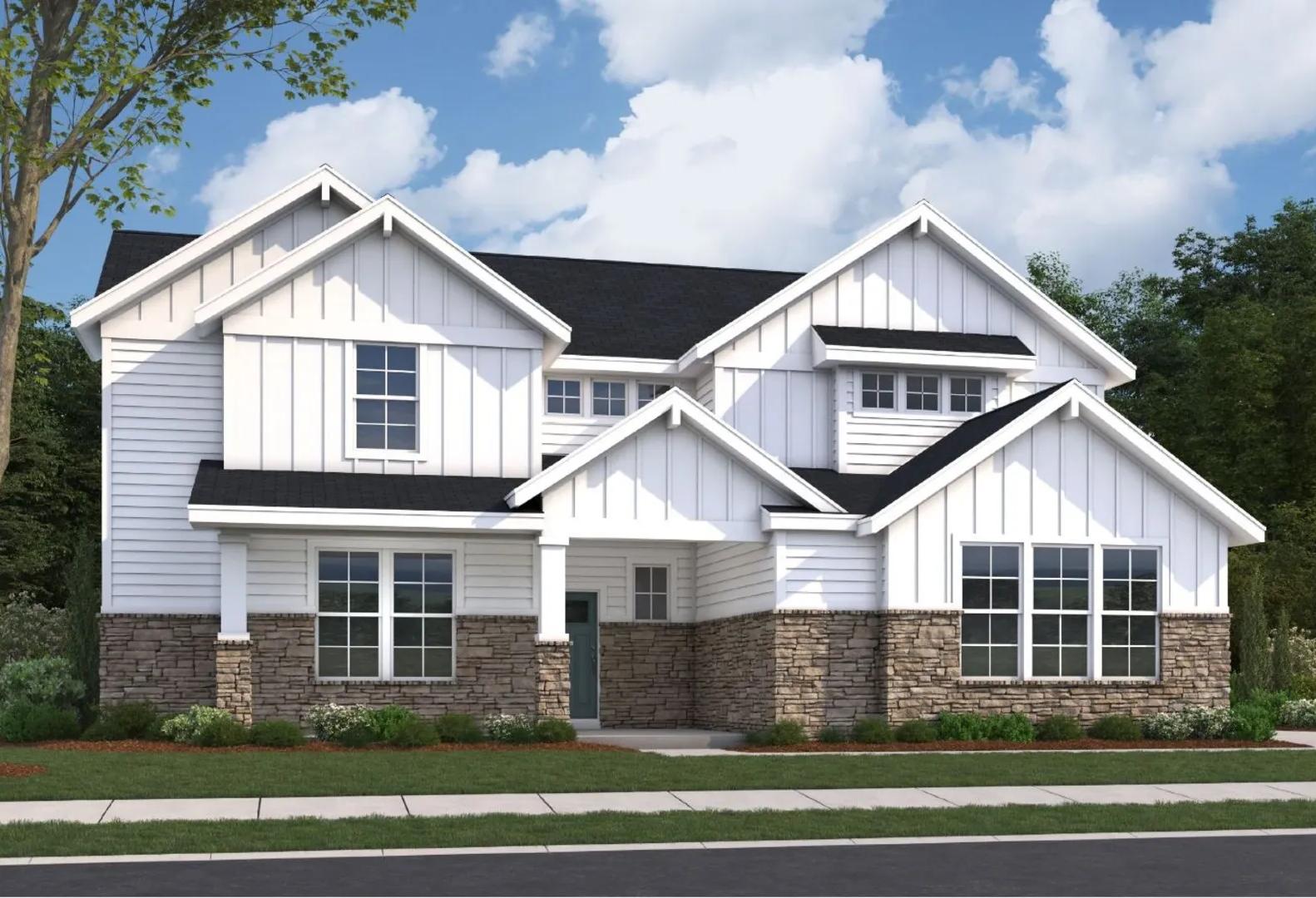 The Haven 1-story home elevation by Evermore Homes featuring white board-and-batten siding, stone accents, and 3-car garage