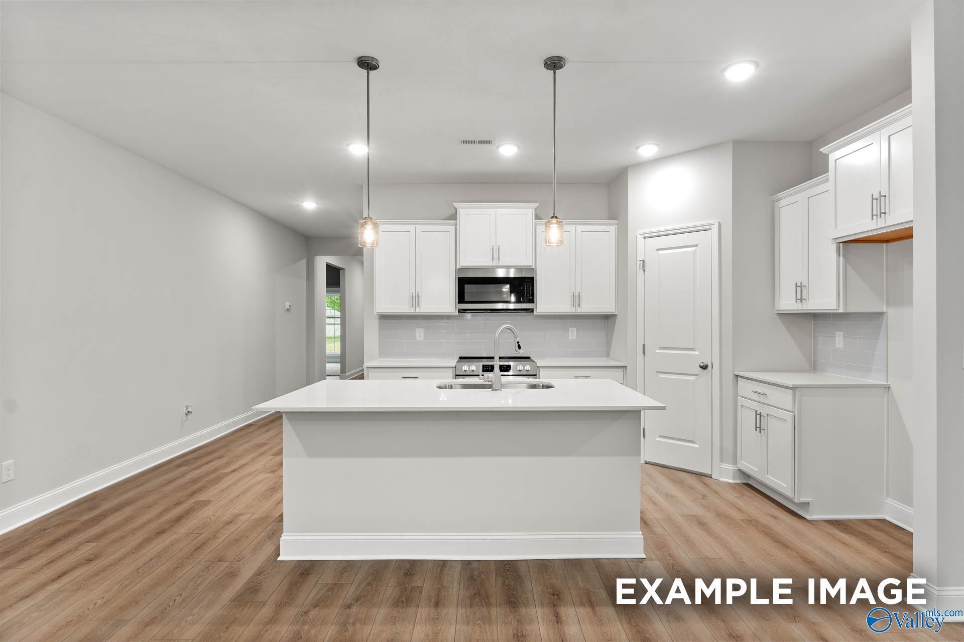 Modern white kitchen with island sink, stainless appliances, and pendant lights in The Daphne 4-bedroom home, Meridianville, Alabama