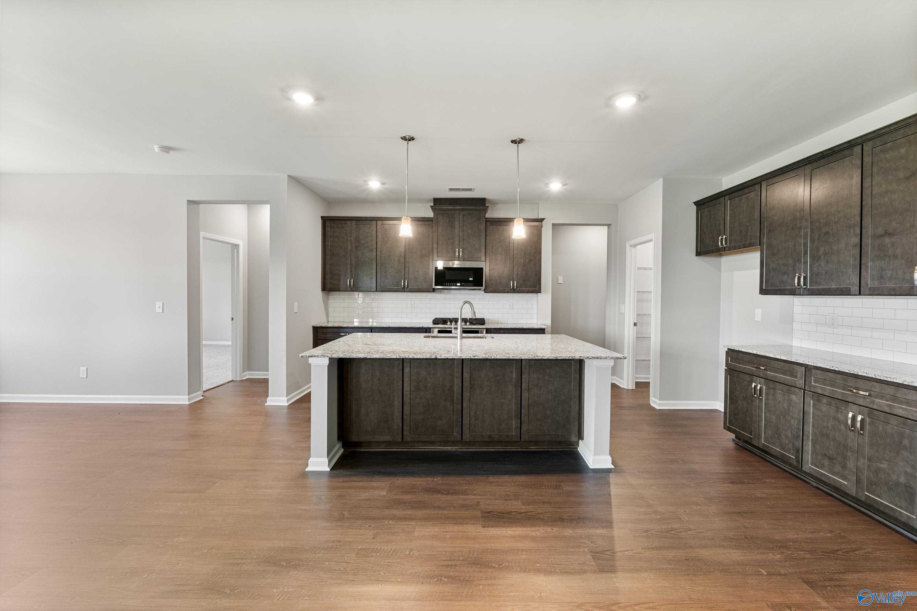 Modern open-concept kitchen with dark wood cabinets, quartz island sink, subway tile backsplash, and hardwood floors in The Sanctuary by Davidson Homes