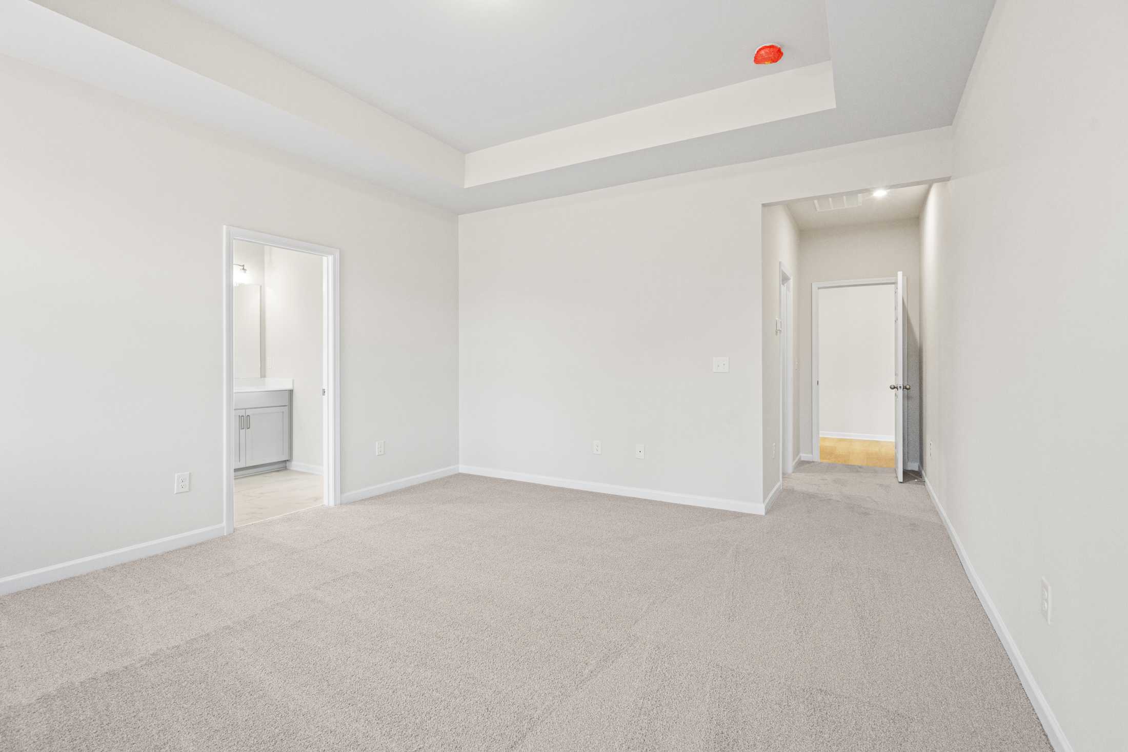 Spacious master bedroom in The Glenwood A featuring tray ceiling, neutral carpet, and en-suite bathroom with vanity