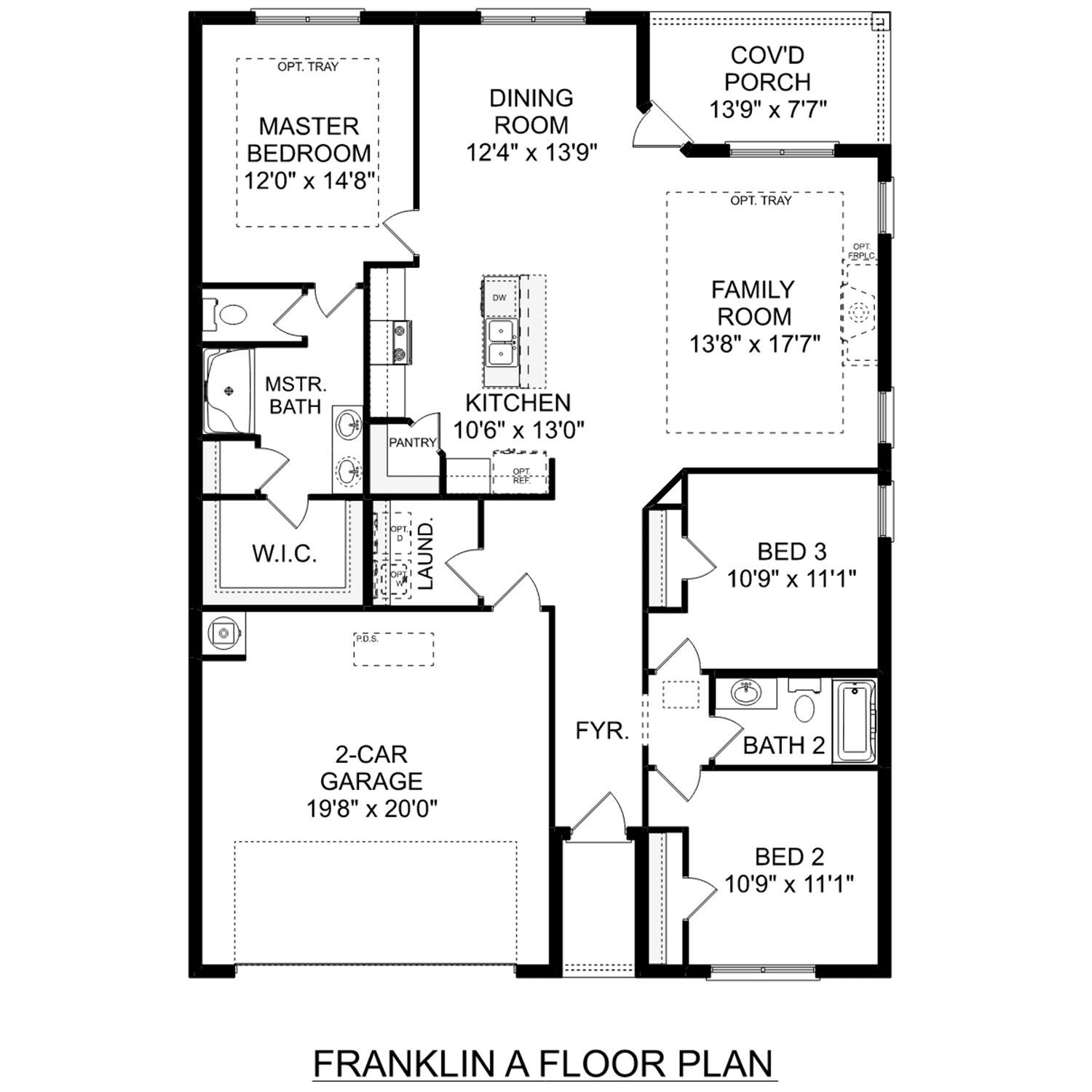 The Franklin floor plan: 3-bedroom, 2-bath single-story home with master suite, open kitchen-family room, dining, and 2-car garage