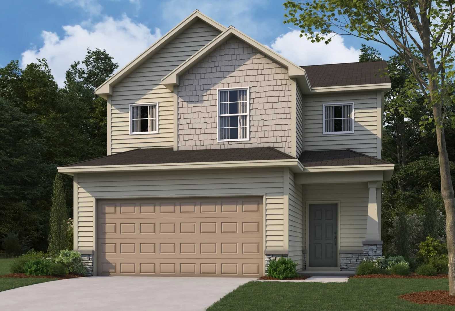 Two-story The Bartlett home elevation featuring beige siding, 2-car garage, and lush landscaping in Phenix City