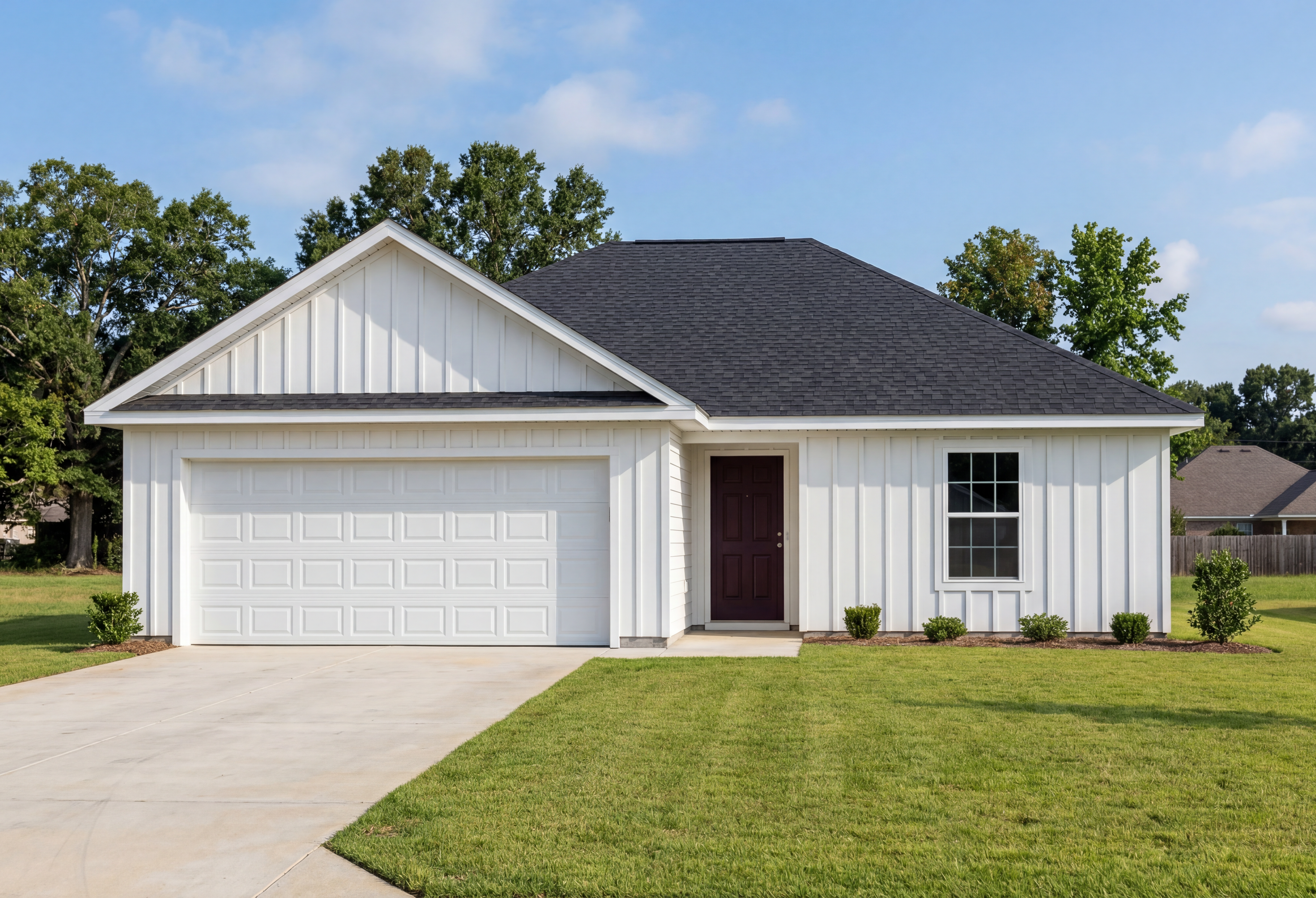 Modern farmhouse exterior of The Butler V featuring white vertical siding, a 2-car garage, and a dark shingle roof.