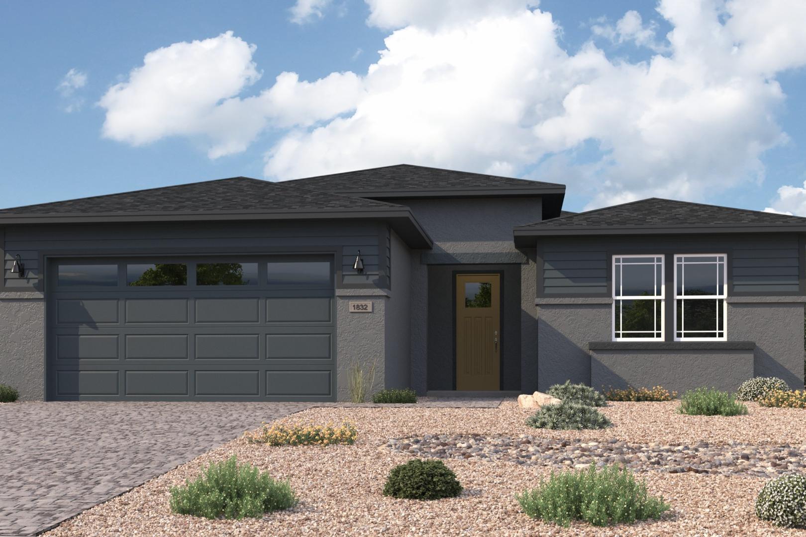 Modern Durango II single-story home exterior in Prescott AZ with gray siding, 3-car garage, and desert landscaping