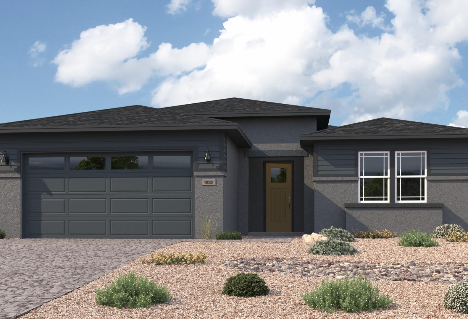 Modern Durango II single-story home exterior in Prescott AZ with gray siding, 3-car garage, and desert landscaping