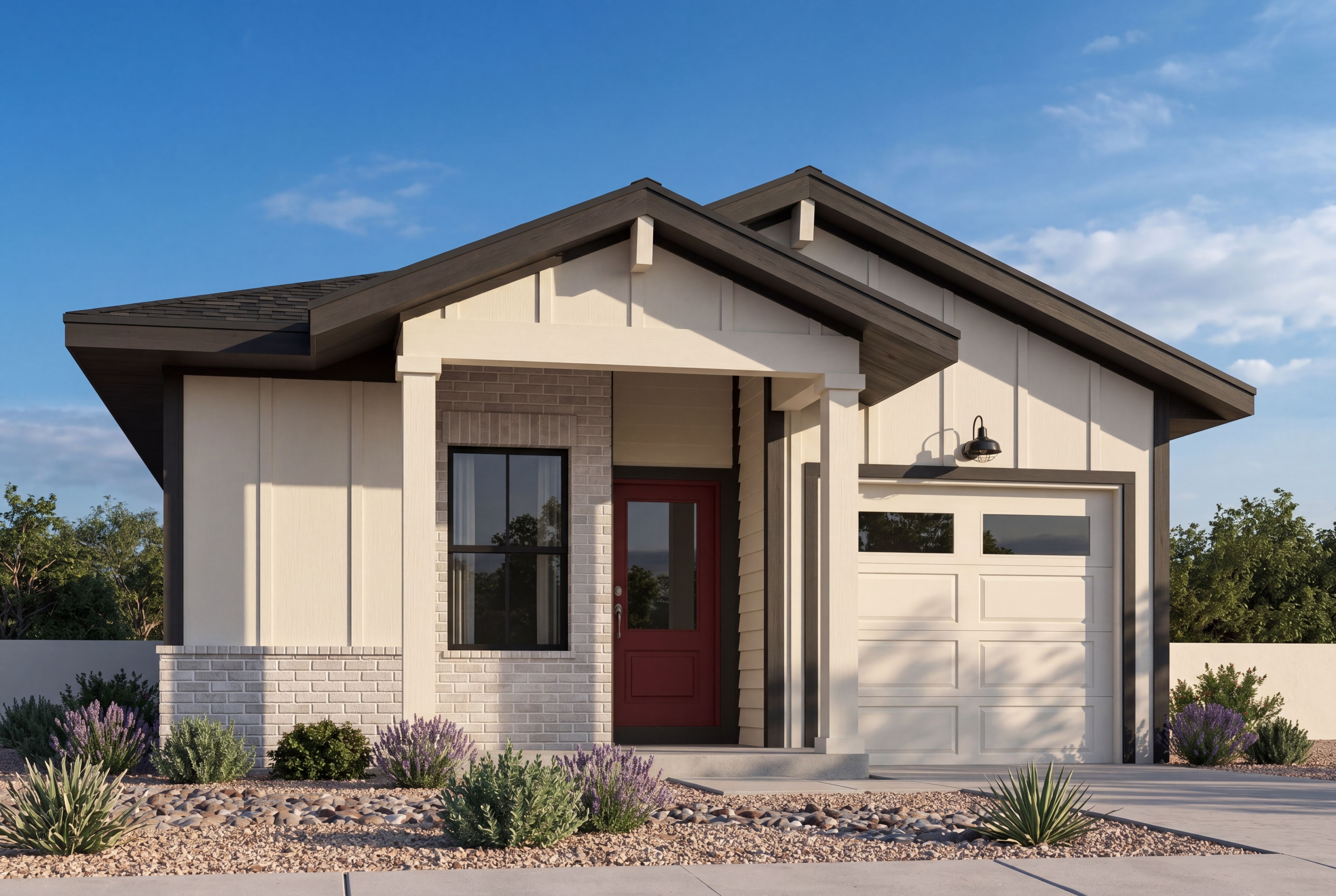 Modern single-story exterior of The Marietta in Prescott, AZ, featuring a brick facade, red front door, and garage.