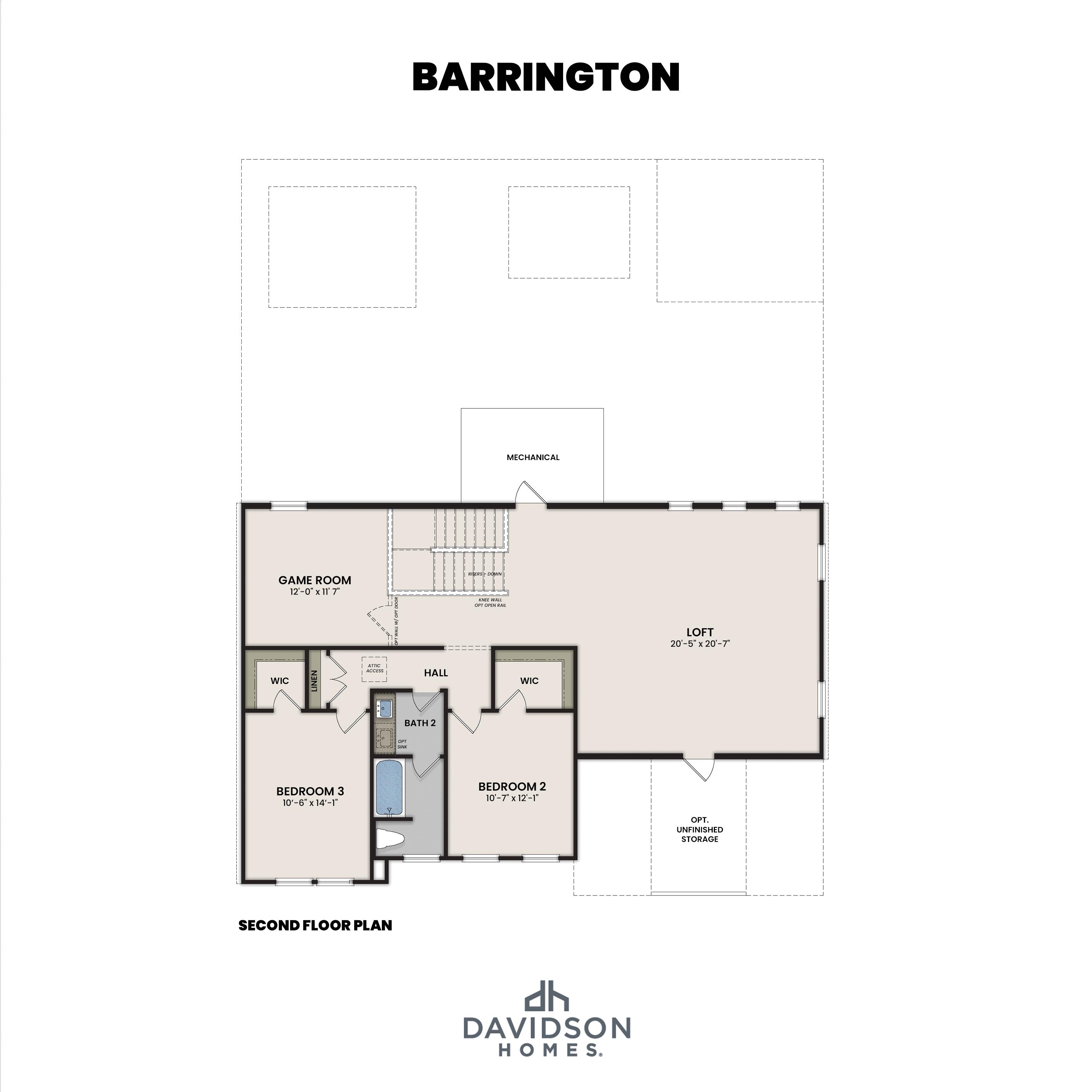 Second floor layout of The Barrington by Davidson Homes featuring a spacious loft, game room, and two bedrooms.