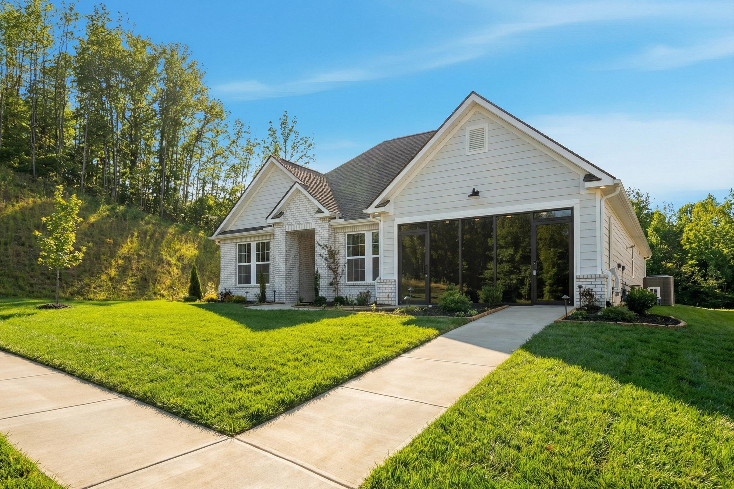 White single-story The Hibiscus F home with gabled roof, large windows, garage, and lush green yard in Cullman Alabama