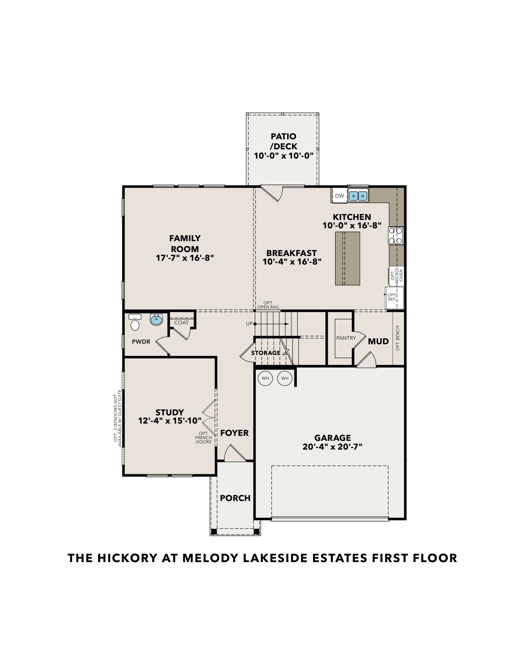 First floor plan of The Hickory at Melody Lakeside Estates featuring open kitchen, family room, study, and 2-car garage