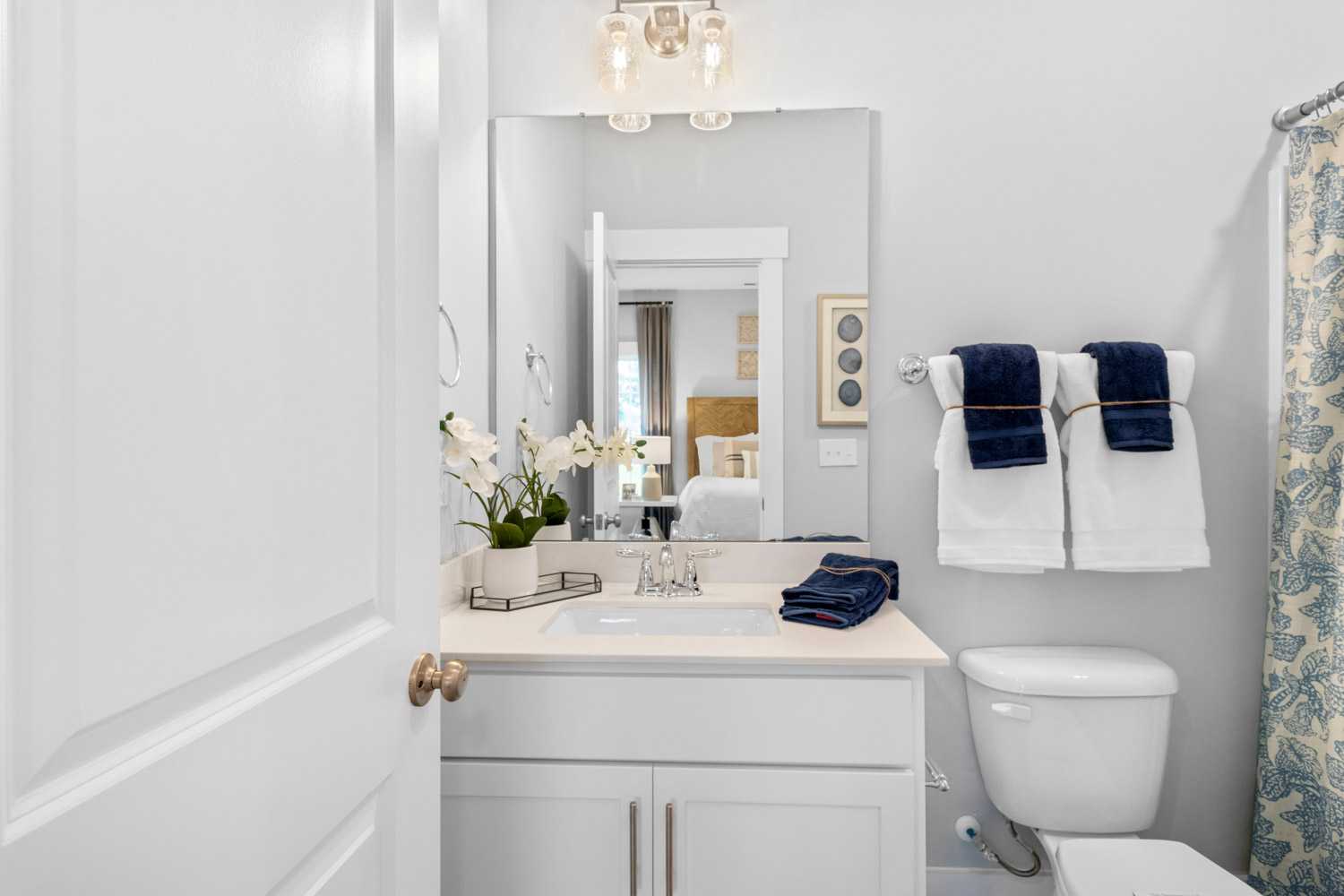 secondary bathroom with blue and white decor