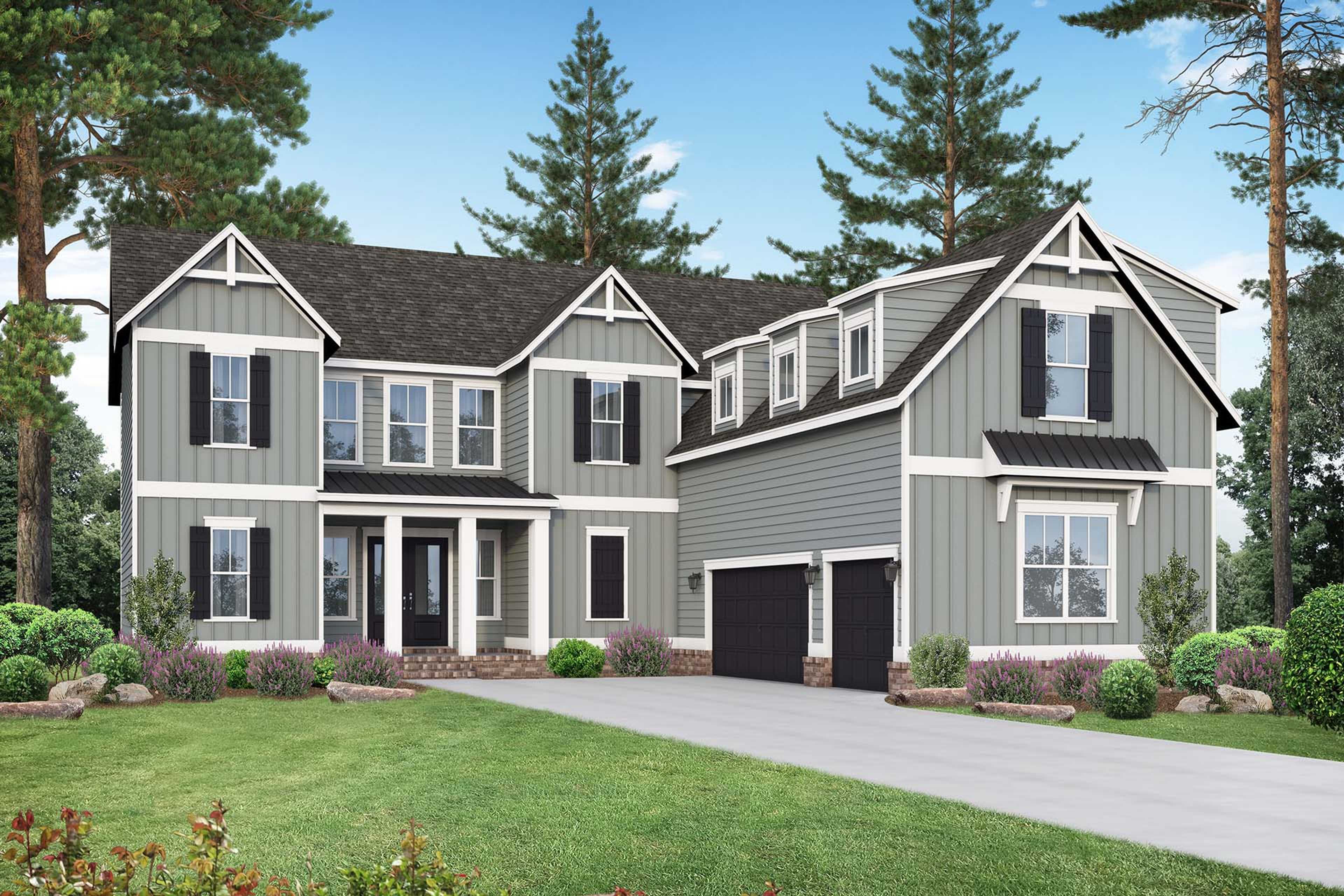Two-story The Alston A elevation featuring gray siding, gabled roof, three-car garage, columned porch, and evergreen landscaping in Murfreesboro