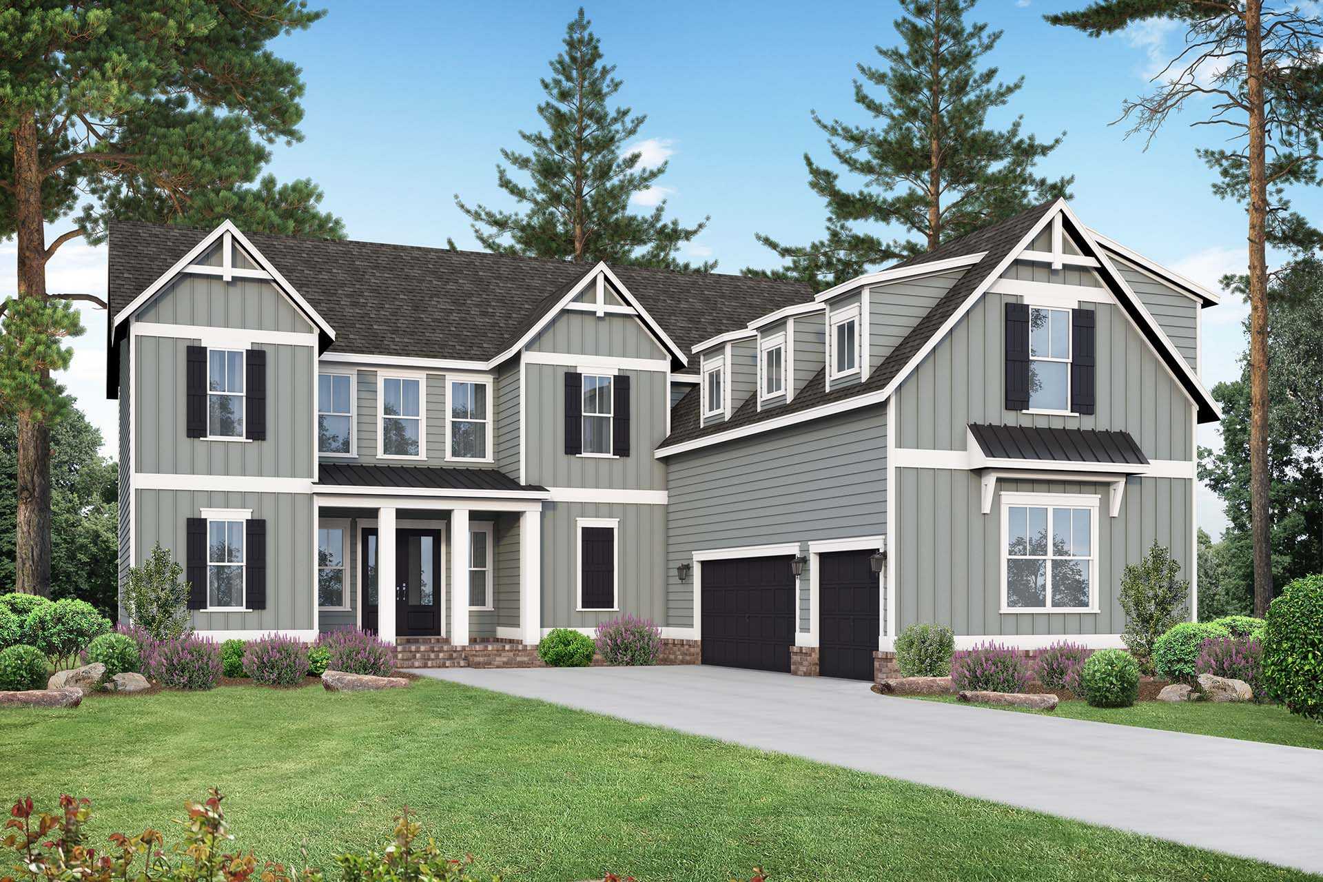 Two-story The Alston A elevation featuring gray siding, gabled roof, three-car garage, columned porch, and evergreen landscaping in Murfreesboro