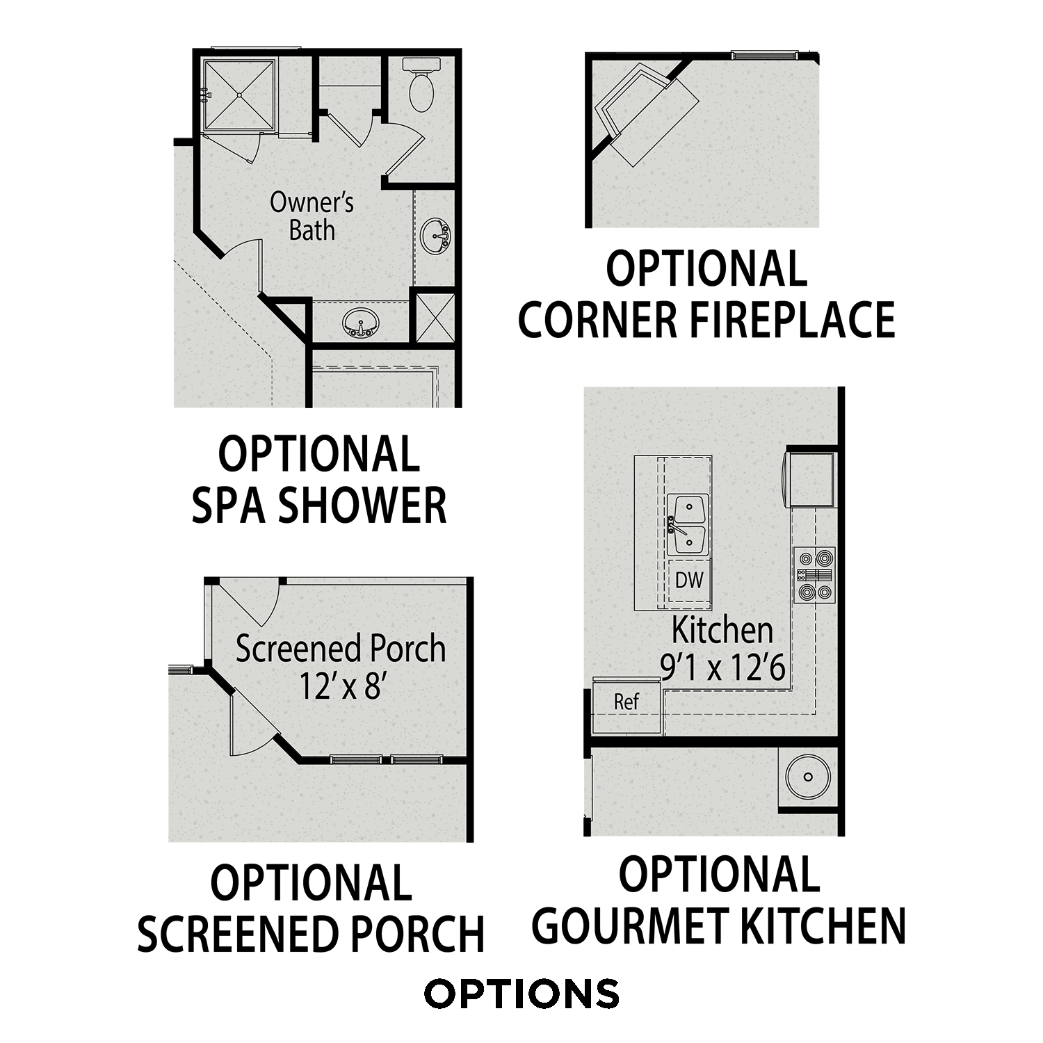 Optional features blueprint for The Graham: owner's bath with spa shower, screened porch, corner fireplace, gourmet kitchen layout