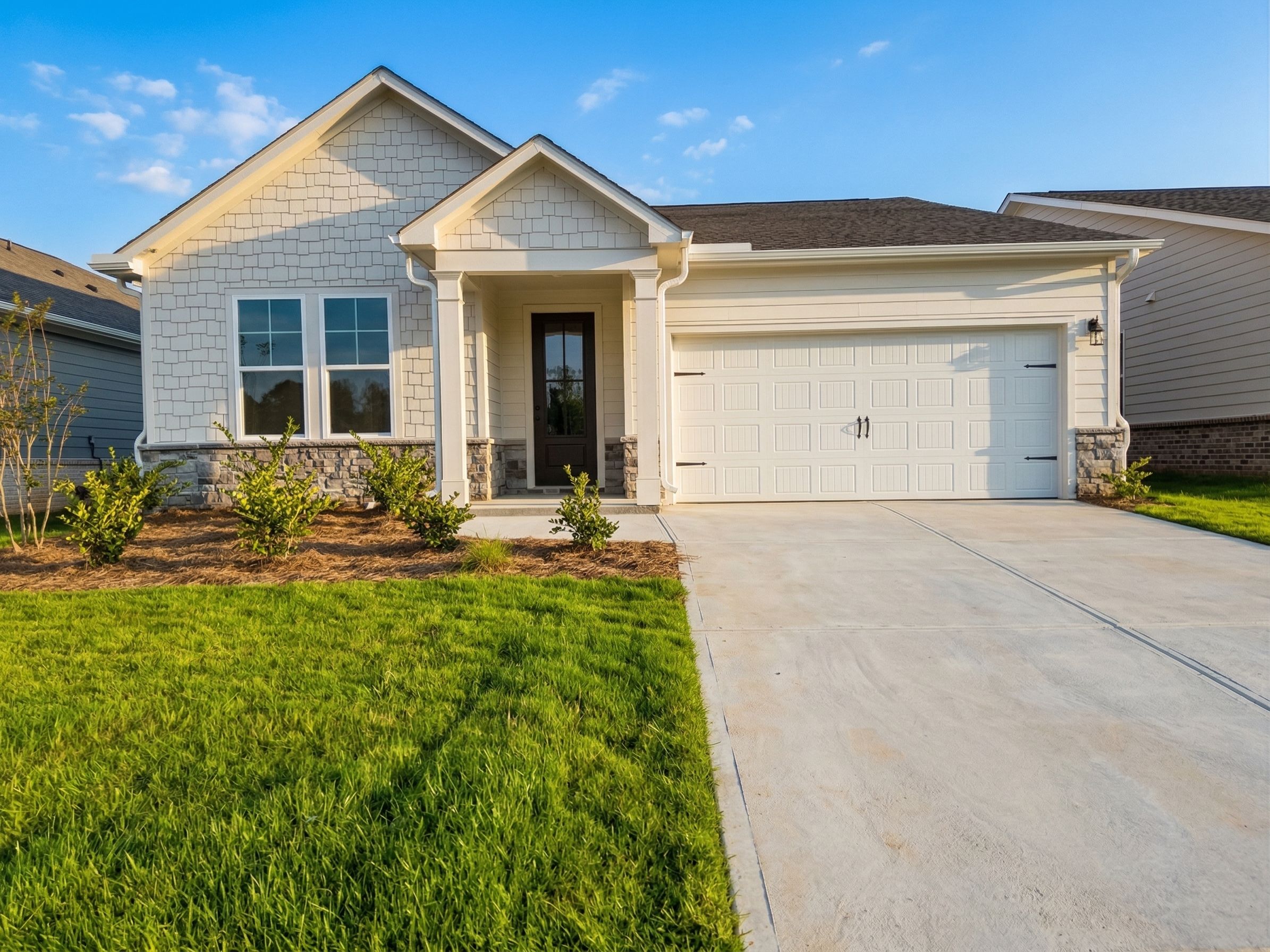 Modern 1-story 3-bedroom home with covered porch, 2-car garage, and shake siding in Kelly Preserve, Loganville, Georgia