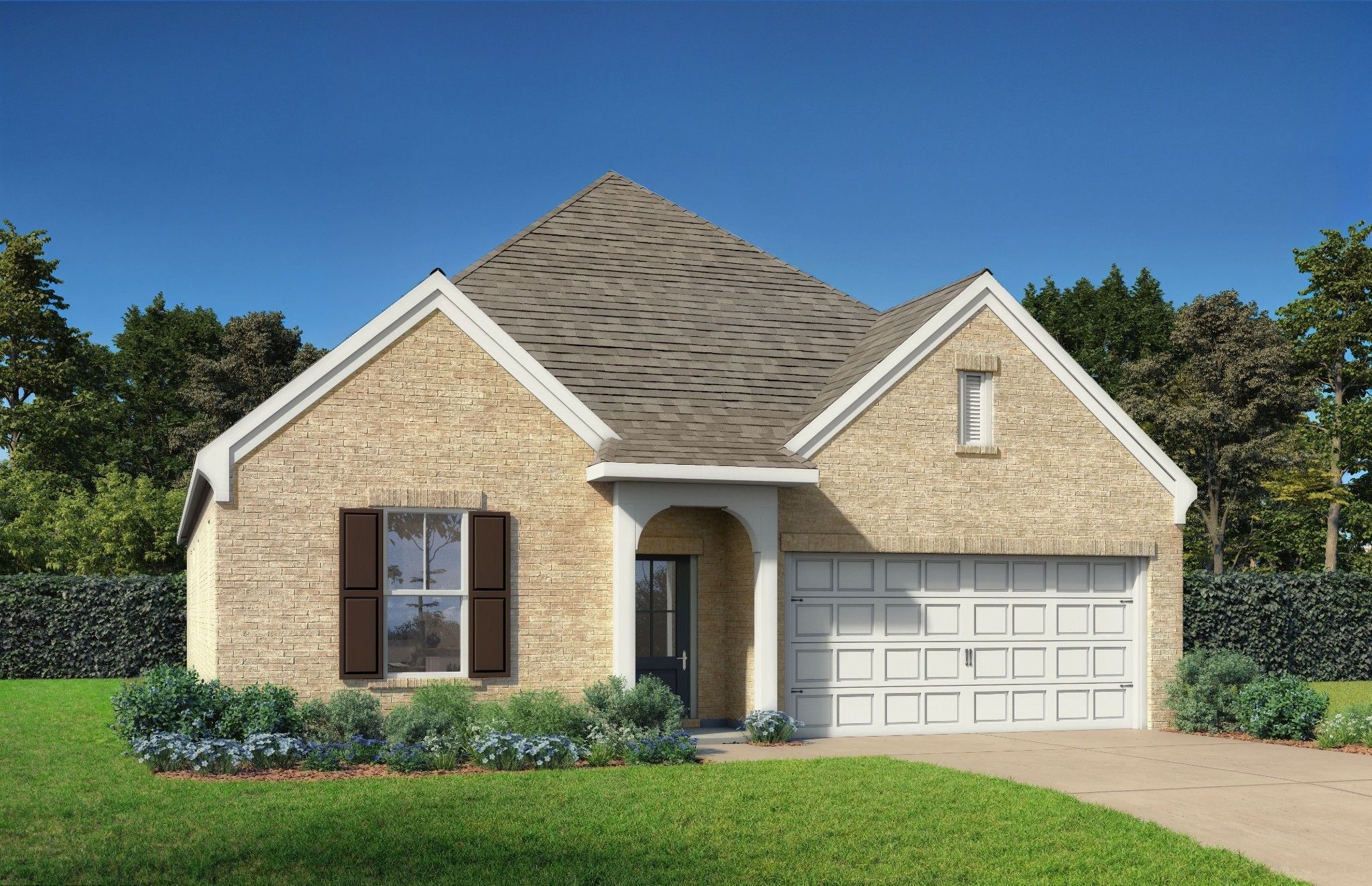 Beige brick single-story home with 2-car garage, gabled roof, and lush landscaping in Woods Crossing, Gallatin, Tennessee - Davidson Homes Cottonwood E