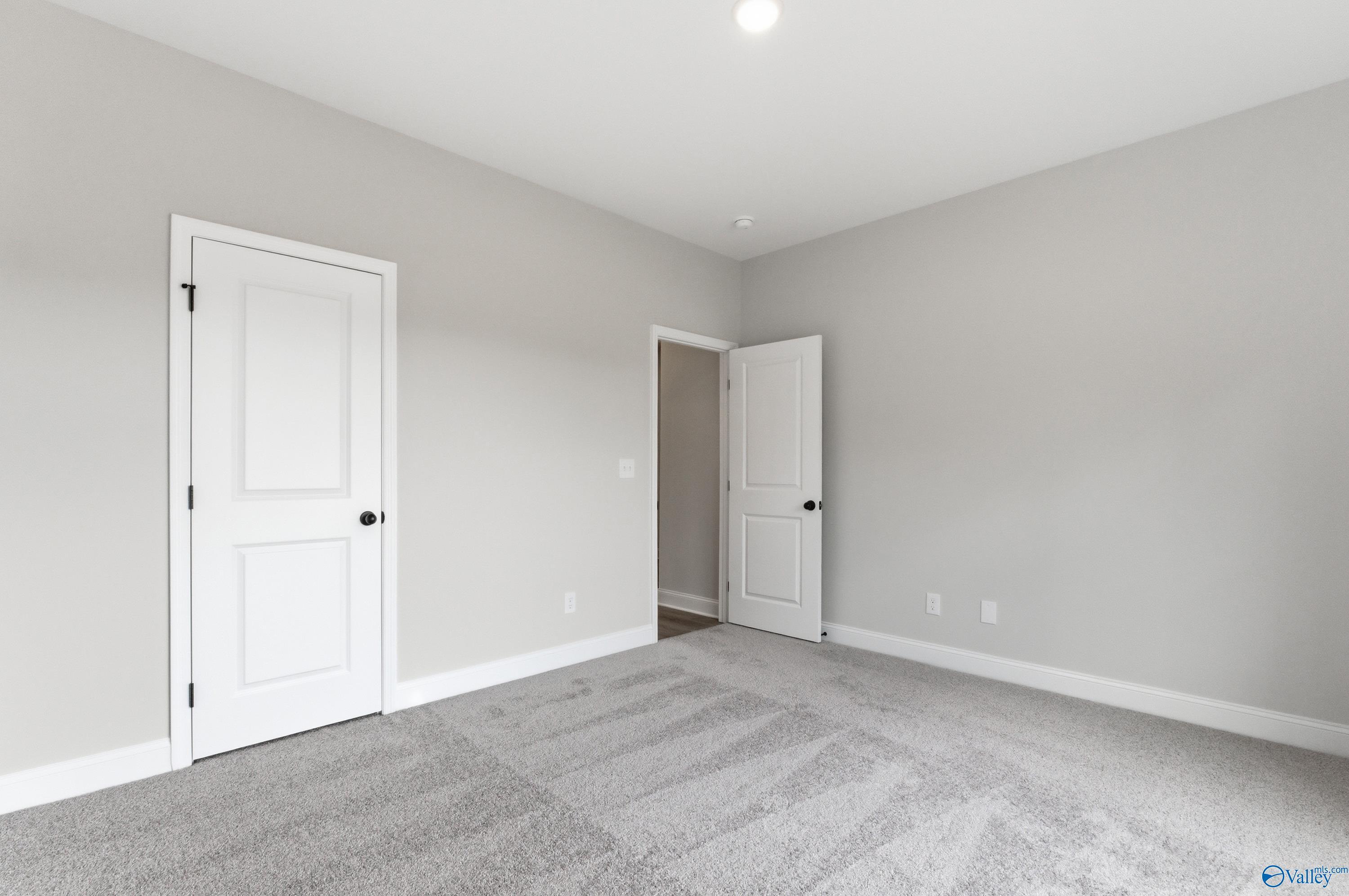 Cozy secondary bedroom with light gray walls, white doors, and plush carpet in Davidson Homes The Daphne C, Huntsville Alabama