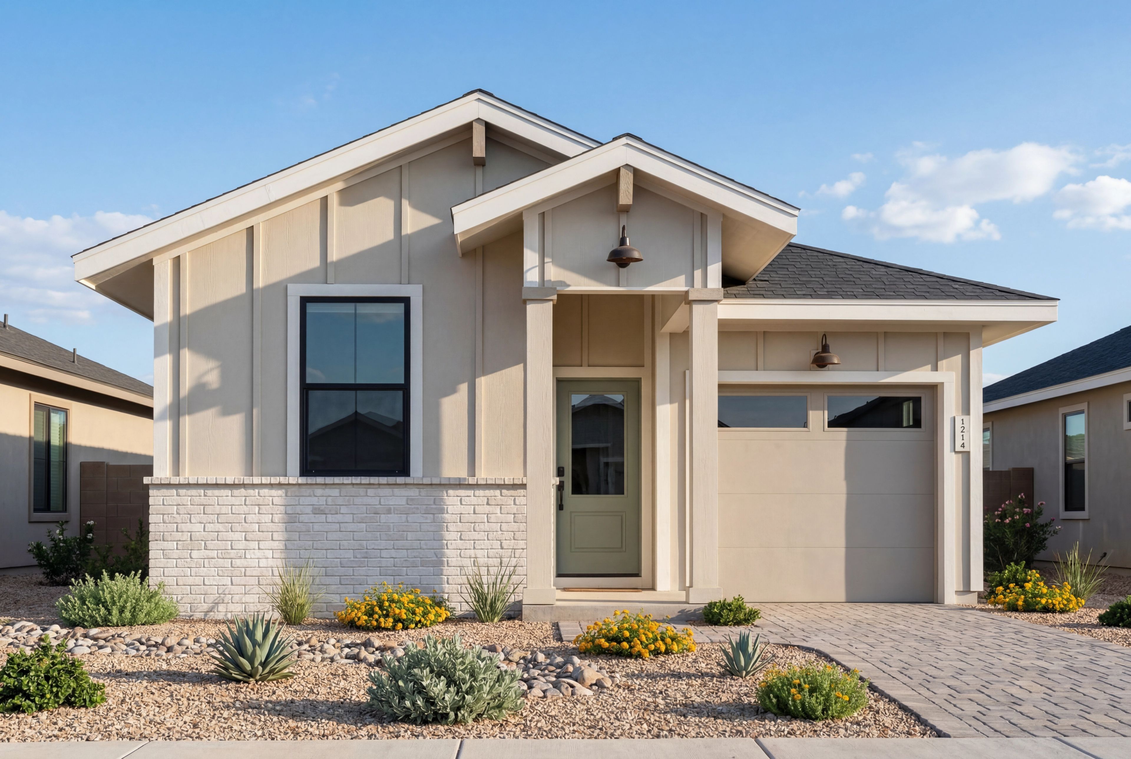 Modern exterior elevation of The Savannah B, a single-story home in Prescott featuring a brick facade and desert landscape.