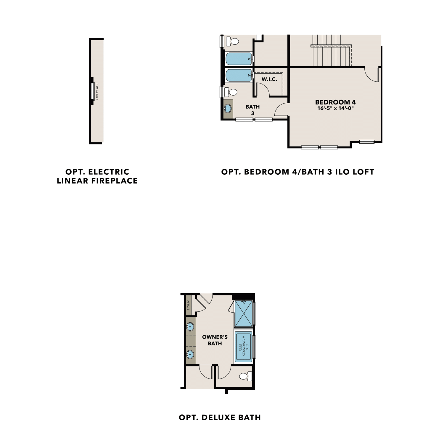 Upper and lower floor plans of The Hampton B showcasing owner's suite, 4 bedrooms, 3 baths, loft, and linear fireplace options