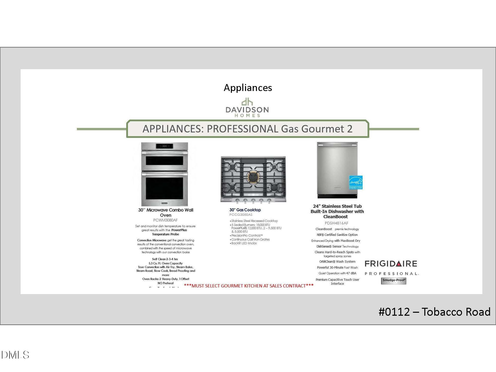 Gourmet kitchen appliances: 30" convection wall oven, 36" professional gas cooktop, 30" stainless Frigidaire fridge in Davidson Homes Crawford D, Tobacco Road, Angier NC