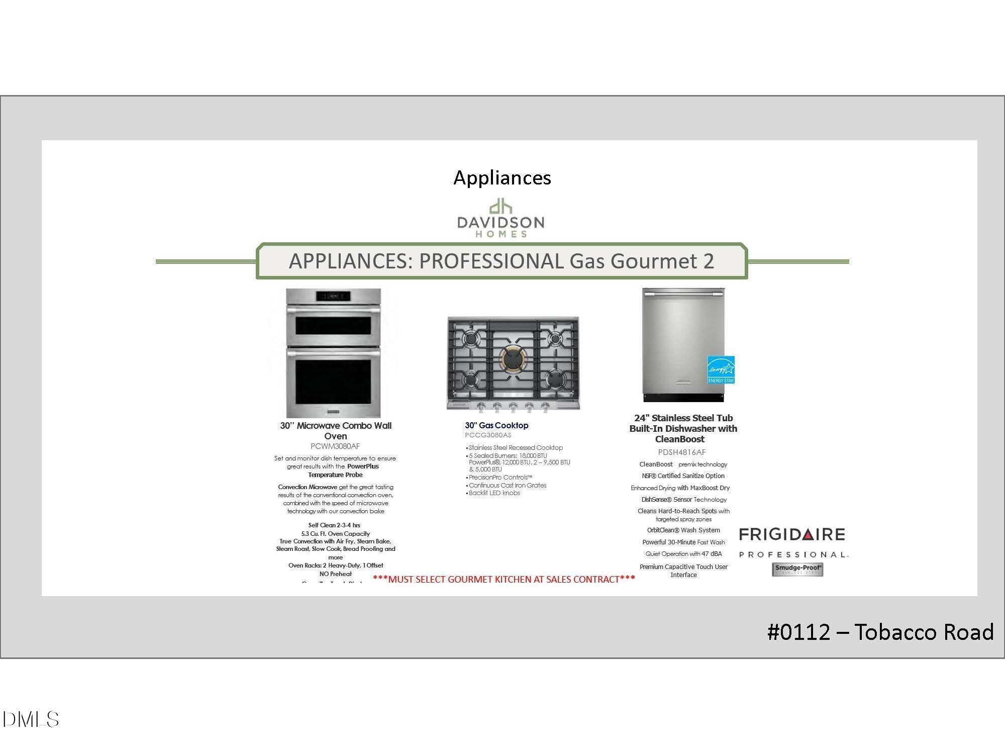 Gourmet kitchen appliances: 30" convection wall oven, 36" professional gas cooktop, 30" stainless Frigidaire fridge in Davidson Homes Crawford D, Tobacco Road, Angier NC