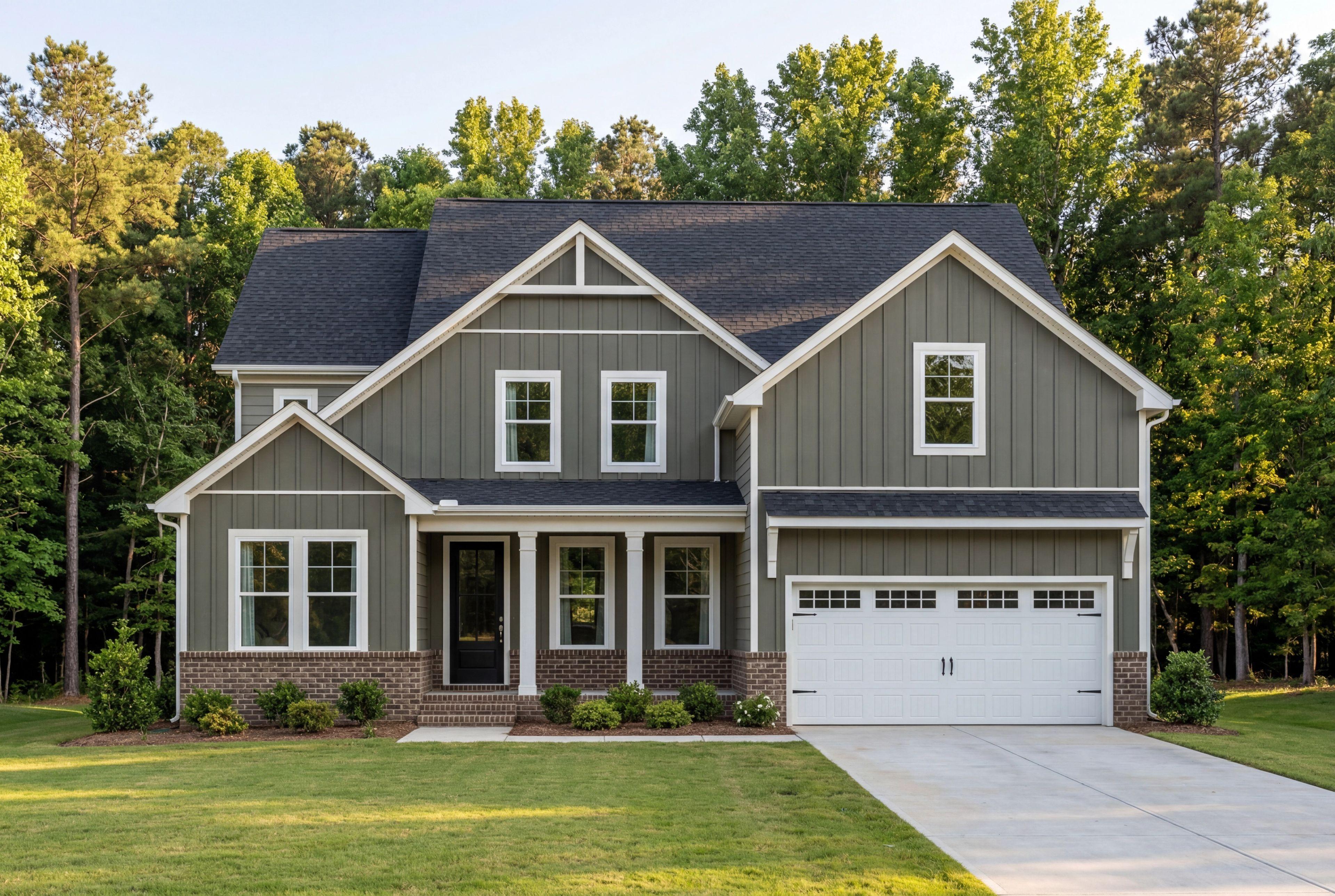 Davidson Homes exterior at Rockport in Wake Forest, NC featuring olive board and batten siding and two-car garage.