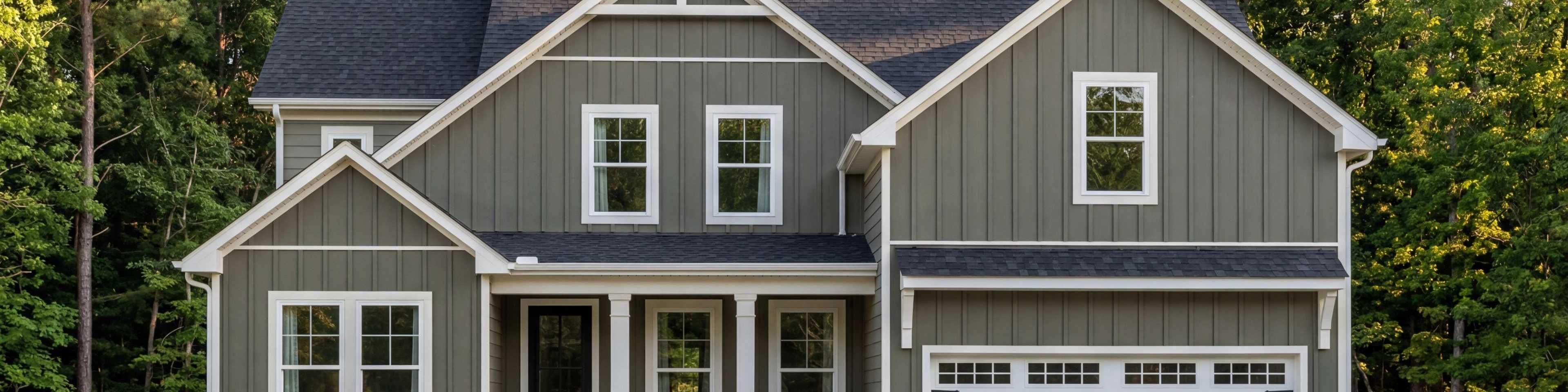 Davidson Homes exterior at Rockport in Wake Forest, NC featuring olive board and batten siding and two-car garage.