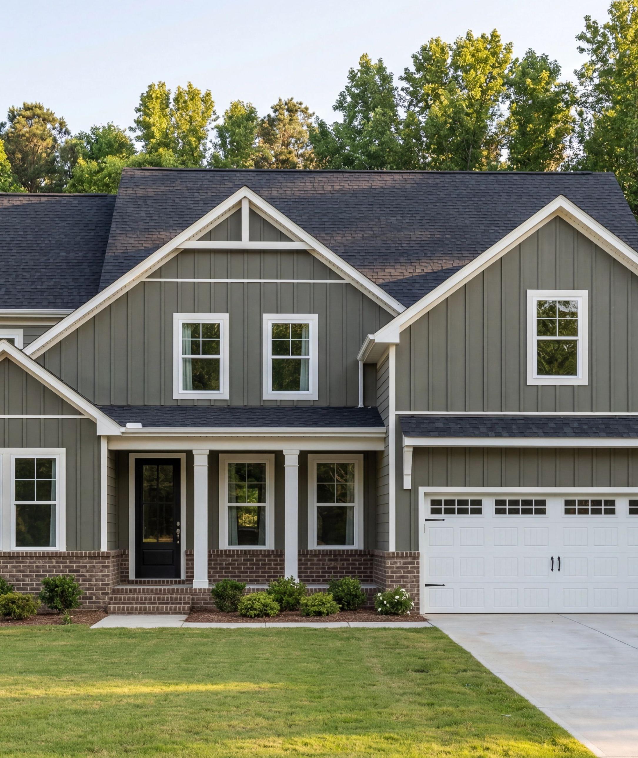 Davidson Homes exterior at Rockport in Wake Forest, NC featuring olive board and batten siding and two-car garage.