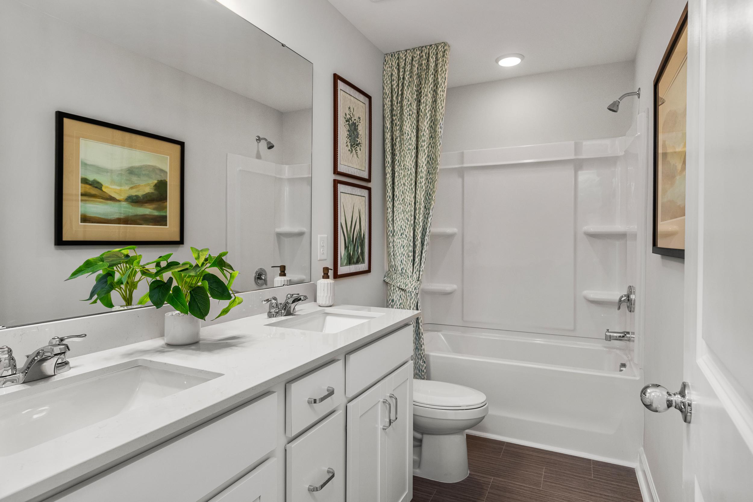 Spacious bathroom in Springvale, Fuquay-Varina NC featuring double vanity, bathtub, artwork and plants by Davidson Homes