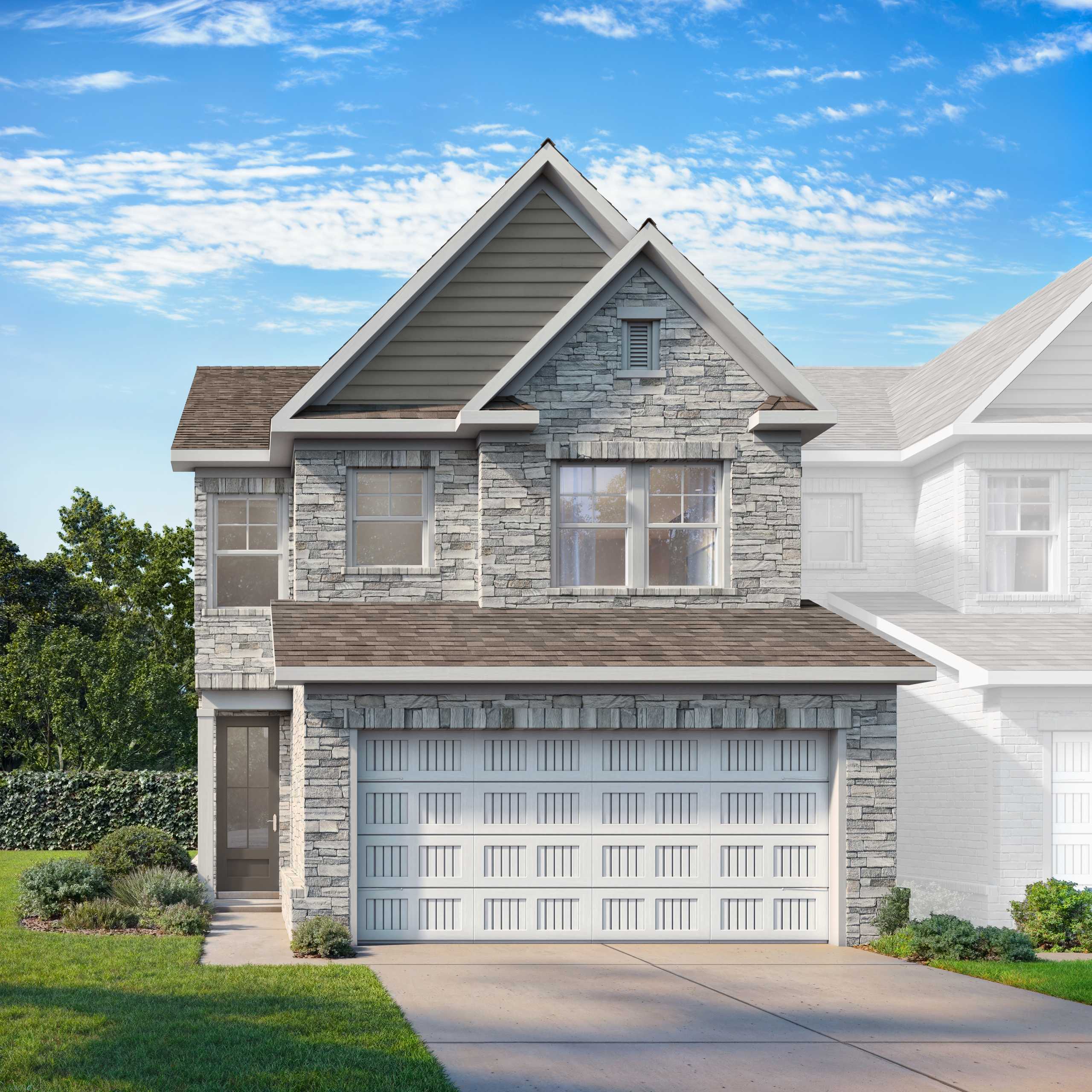 Modern 2-story Cary A home by Davidson Homes in Lake Shore, Winder, GA: stone facade, gabled roof, 2-car garage, landscaped yard