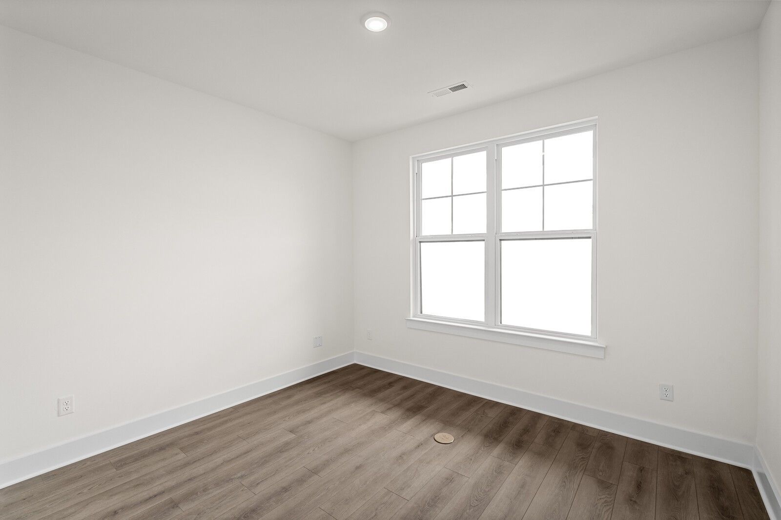 Bright empty bedroom with large gridded window, white walls, and light wood plank flooring in Davidson Homes The Ridgeport D, Mt. Juliet