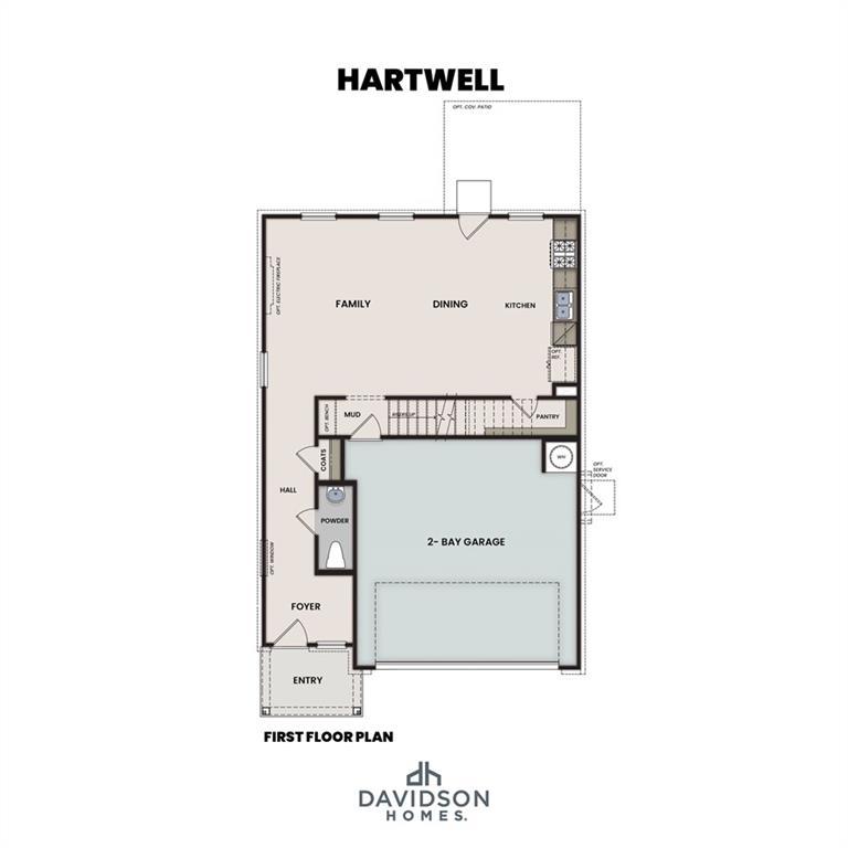 First floor plan of The Hartwell B by Davidson Homes featuring an open-concept kitchen, family room, and 2-car garage.