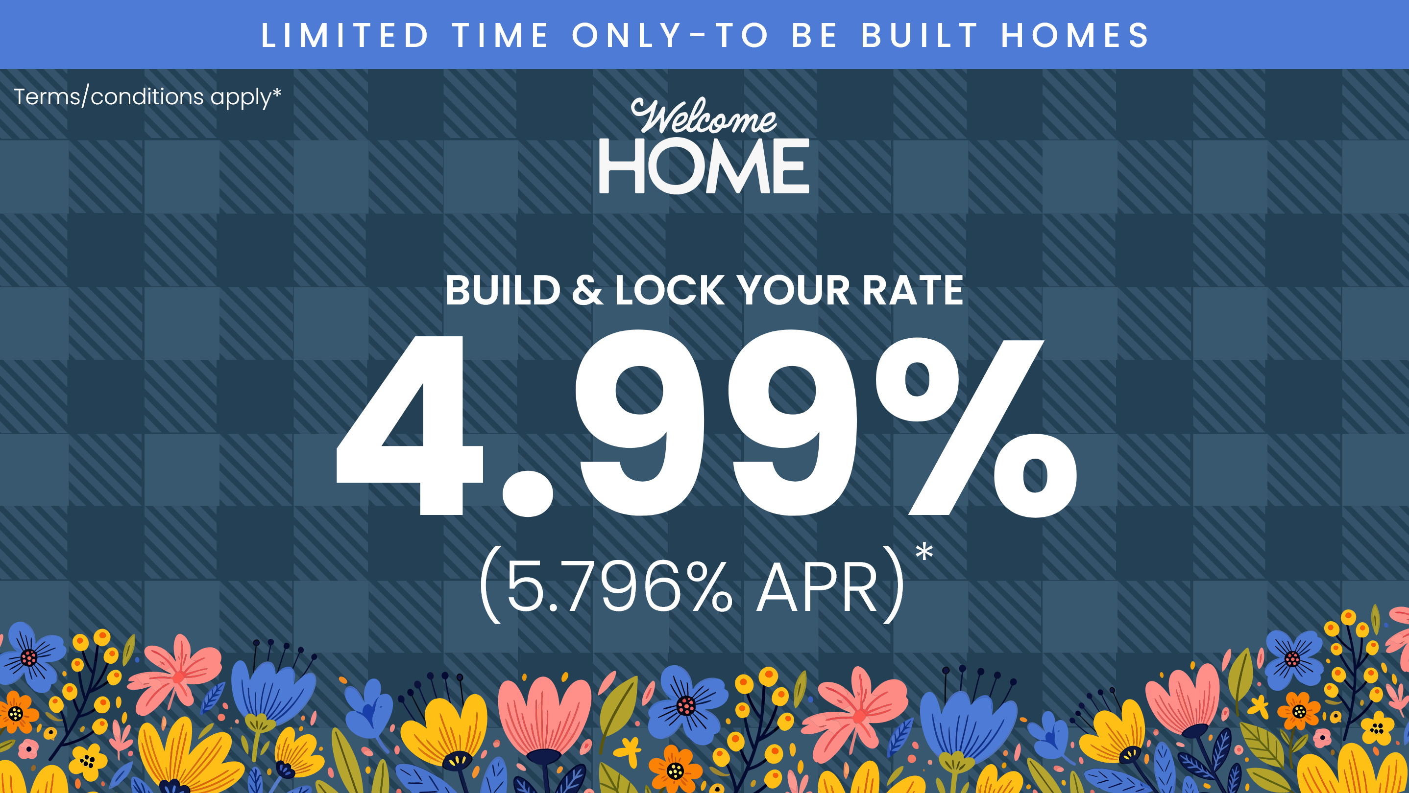 Build & lock rate promotion at 4.999% (5.796% APR) for San Antonio new homes on blue plaid background with floral borders