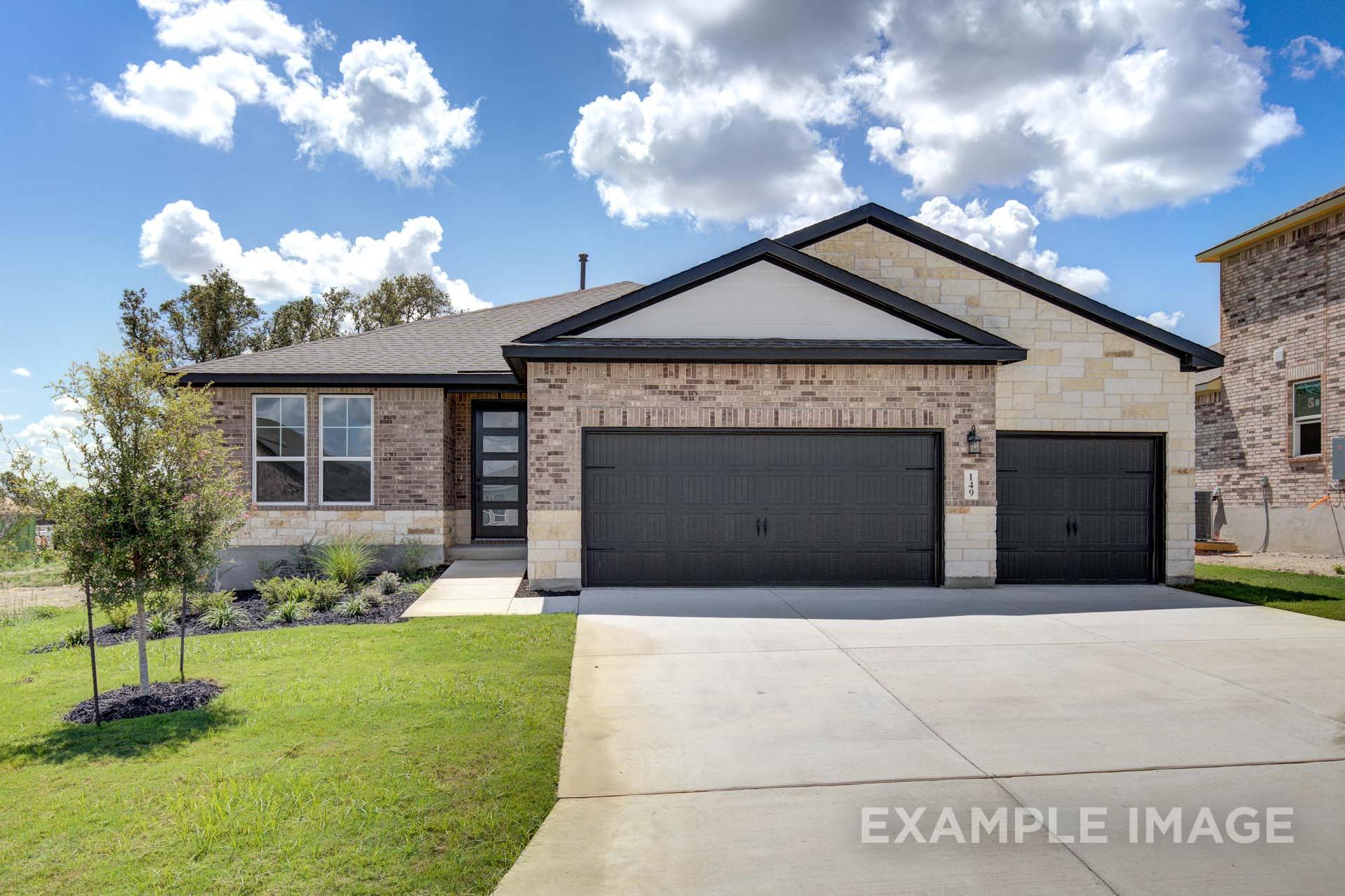 Modern Lanier G single-story home elevation with brick-stone facade, black 3-car garage, and landscaped front yard in San Antonio