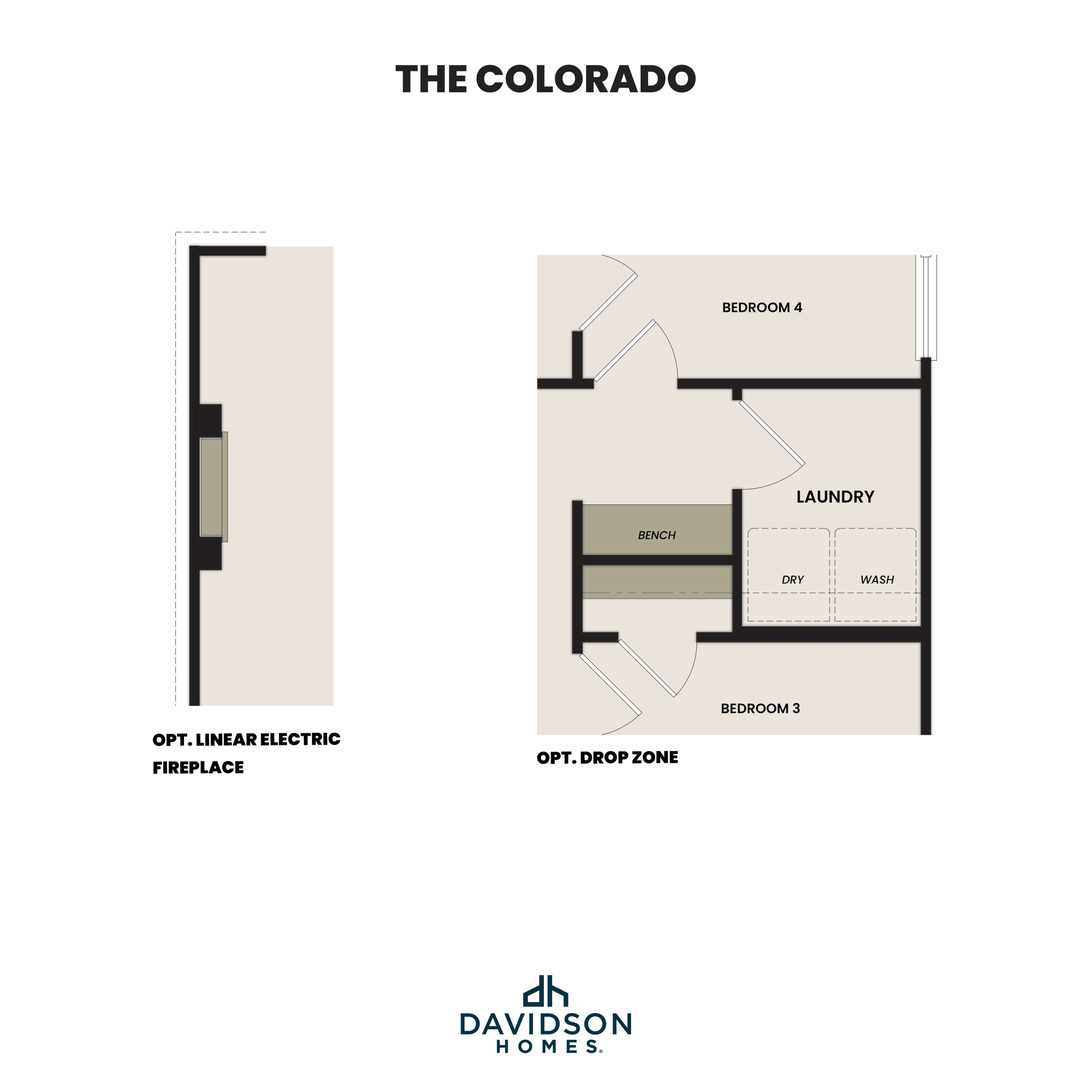 The Colorado floor plan detail: bedrooms 3 and 4, laundry room with washer dryer, bench, optional drop zone and linear electric fireplace by Davidson Homes