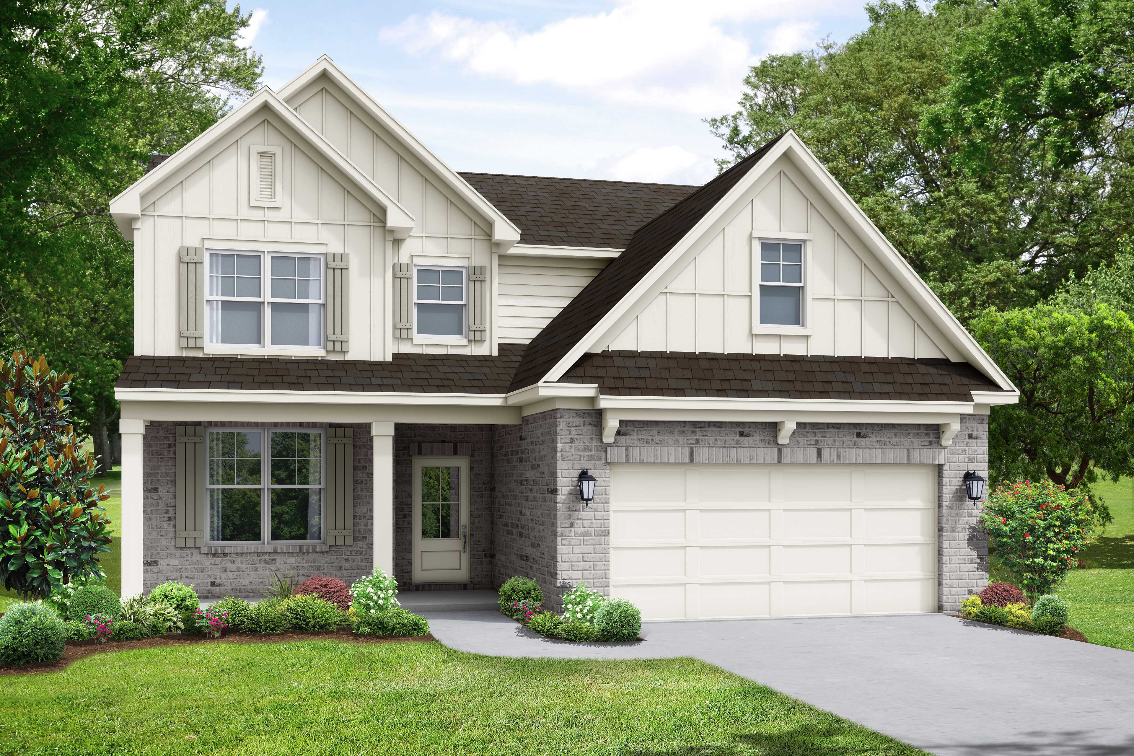 Modern two-story elevation of The Ash B home design with white siding, brown roof, stone base, 2-car garage, and lush landscaping