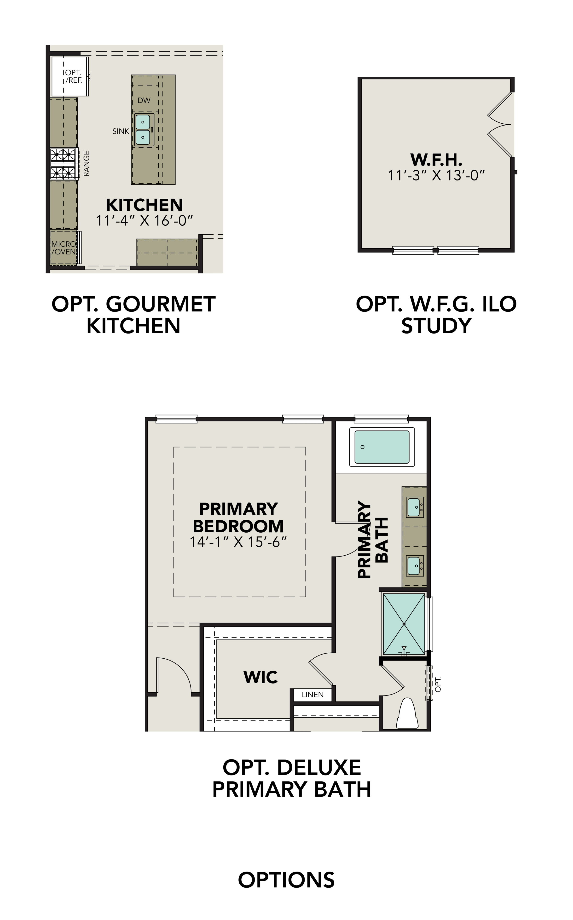The Glenwood floor plan showcasing primary bedroom suite with deluxe bath option, gourmet kitchen, and study